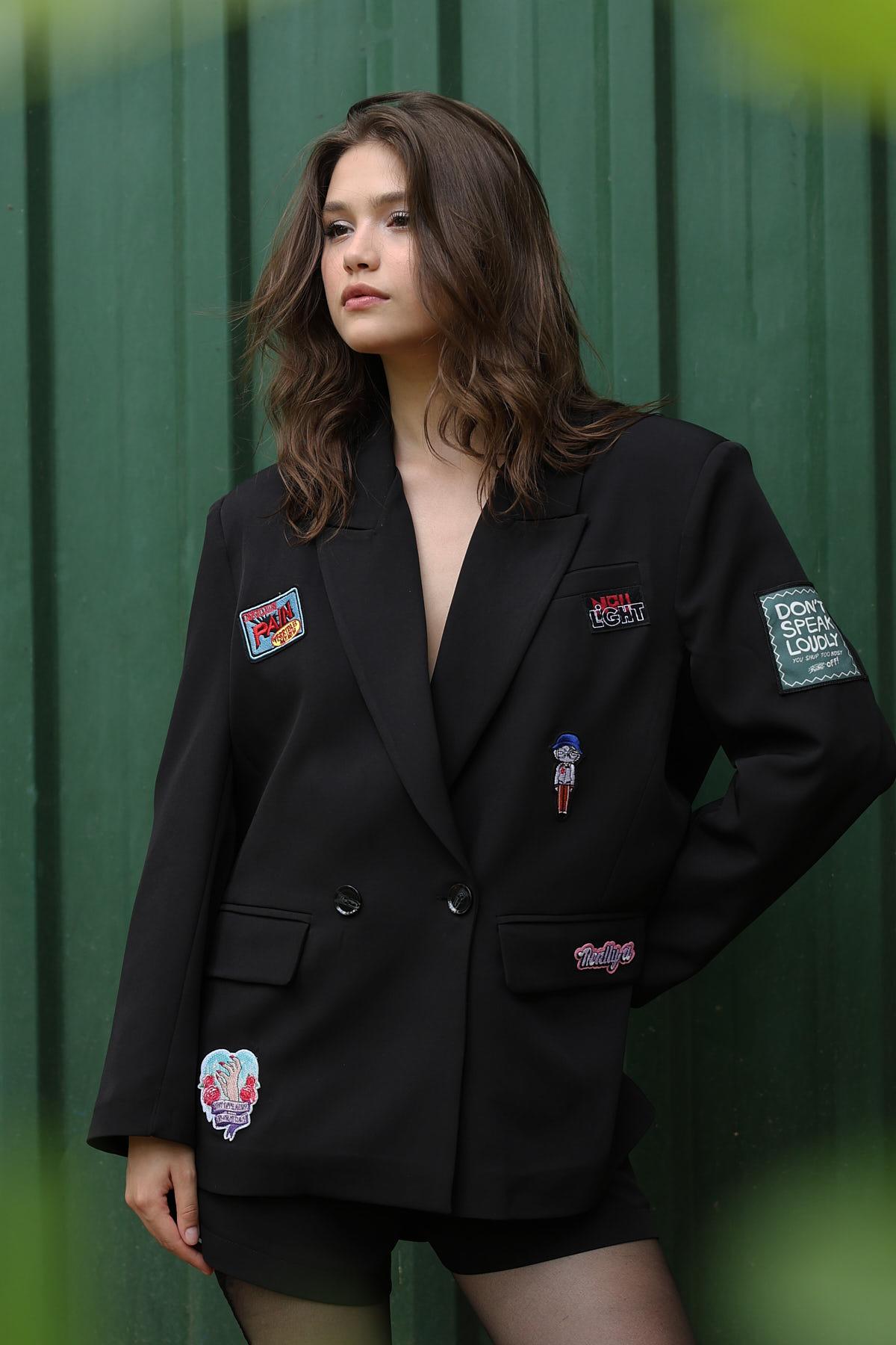 Armalı Oversize Ceket - Siyah