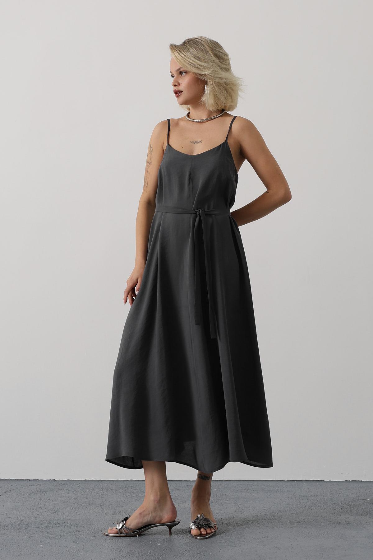 Askılı Basic Uzun Elbise - Antrasit