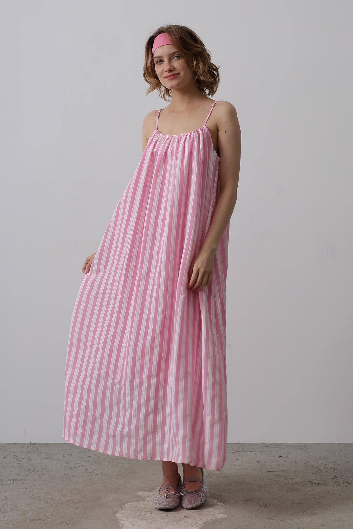 Askılı Çizgi Desen Elbise - Pembe