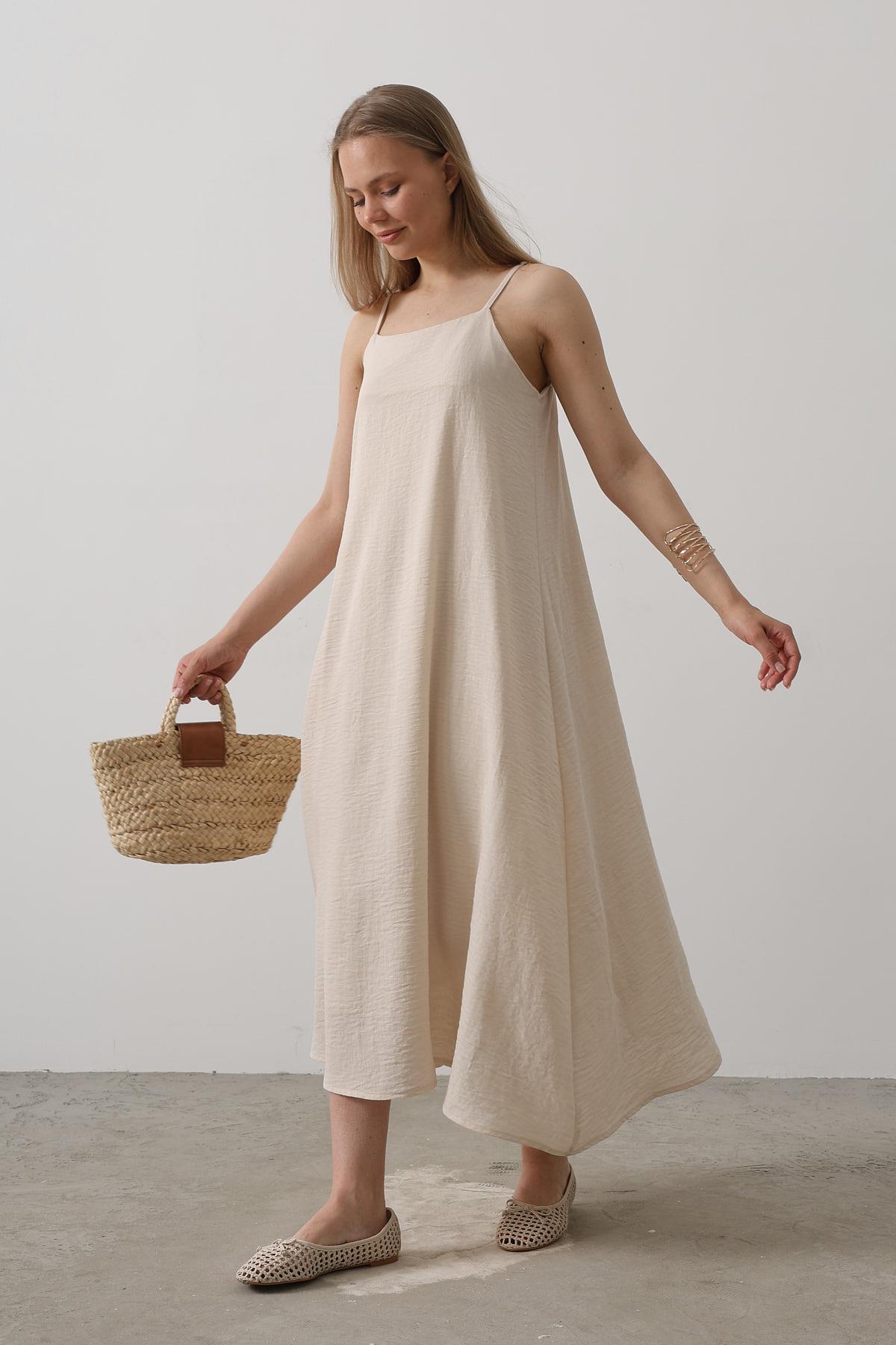 Askılı Uzun Elbise - Taş