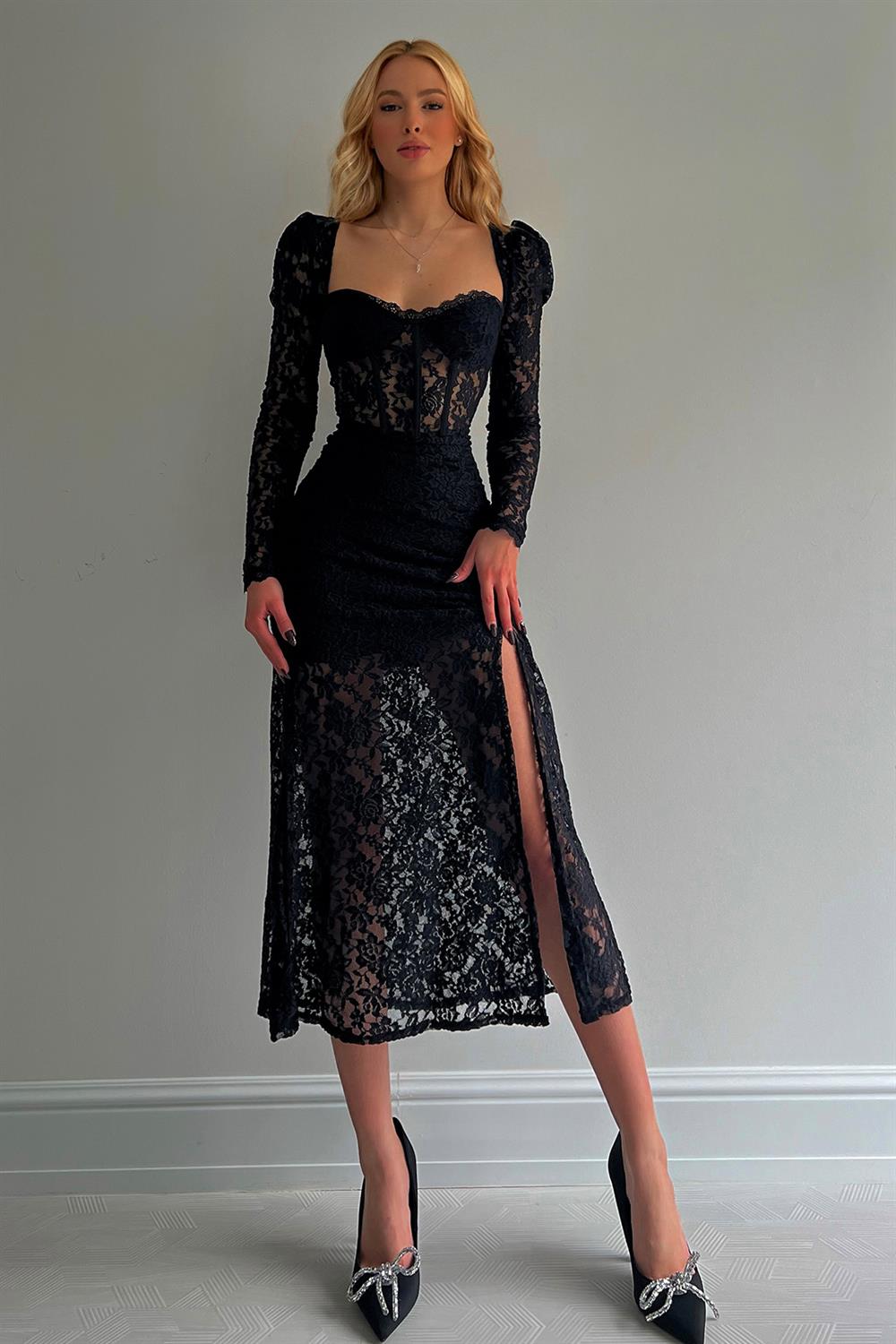Lace Long Dress with Slits Black - reyontoptan.com