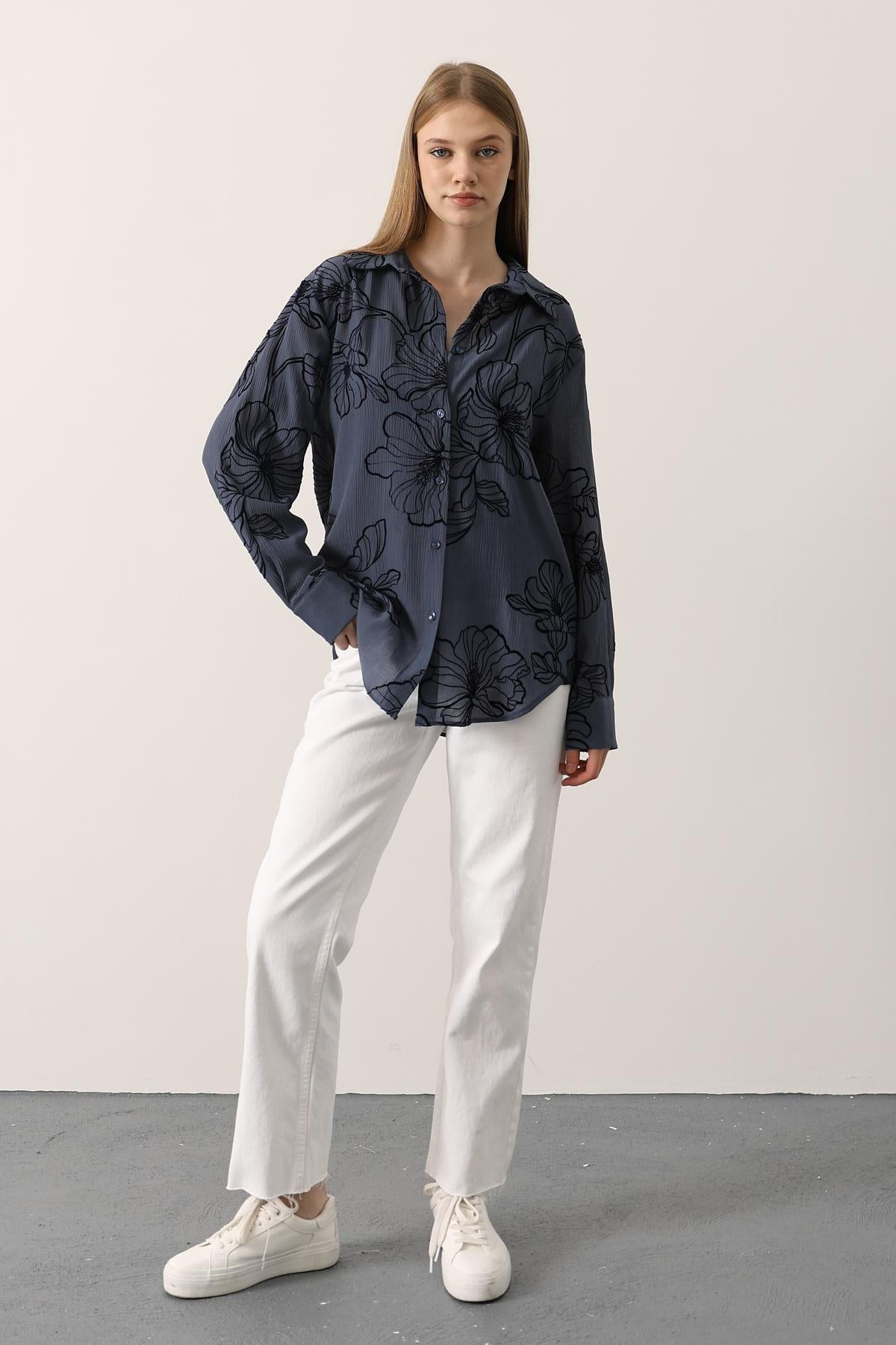 BASKILI OVERSİZE GÖMLEK - Mavi