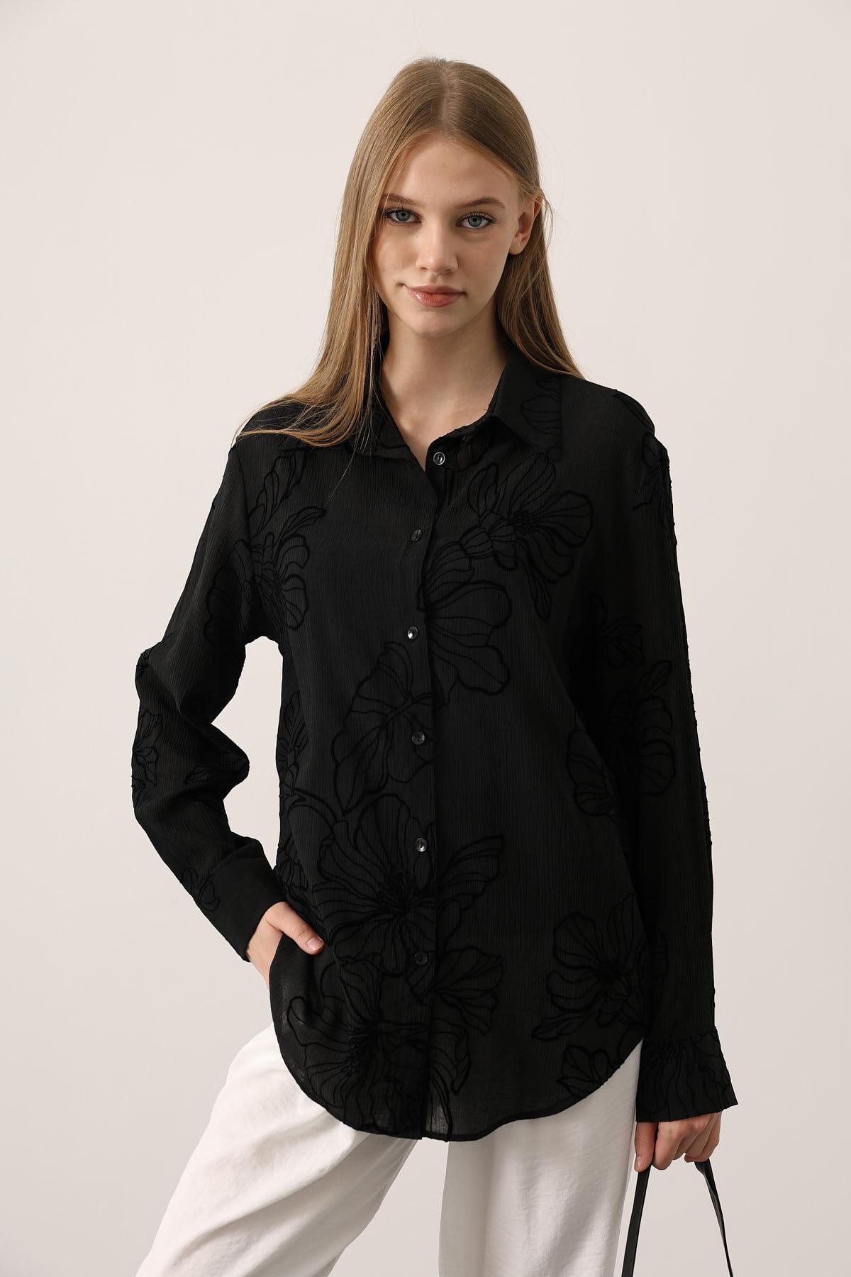 BASKILI OVERSİZE GÖMLEK - Siyah