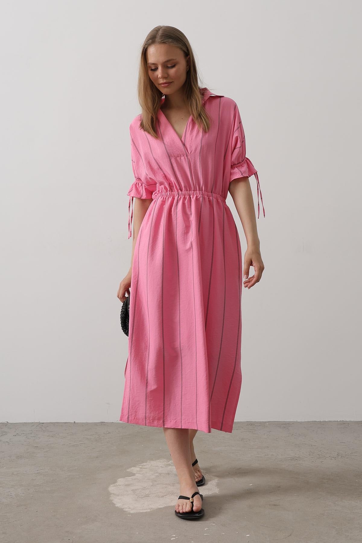 Beli Lastikli Elbise - Pembe