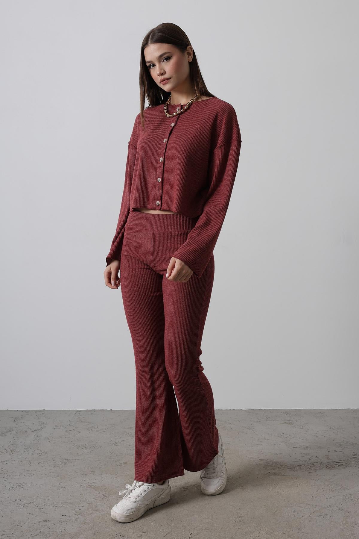 Beli Lastikli Örme Pantolon - Bordo