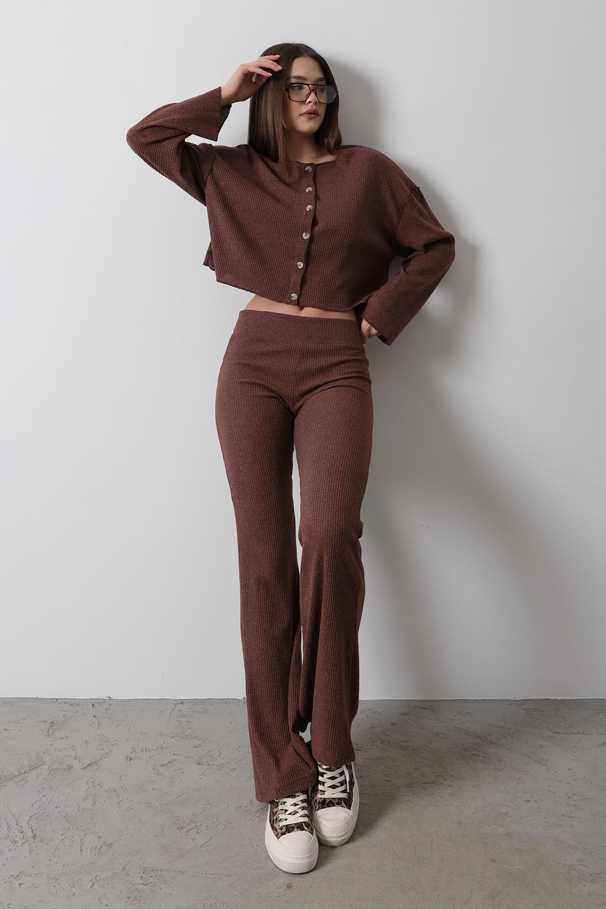 Beli Lastikli Örme Pantolon - Kahve