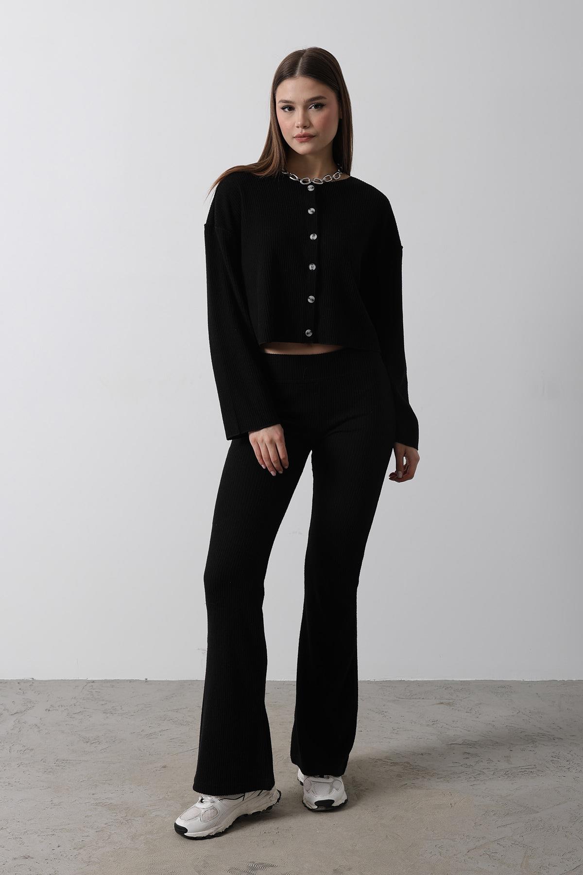 Beli Lastikli Örme Pantolon - Siyah