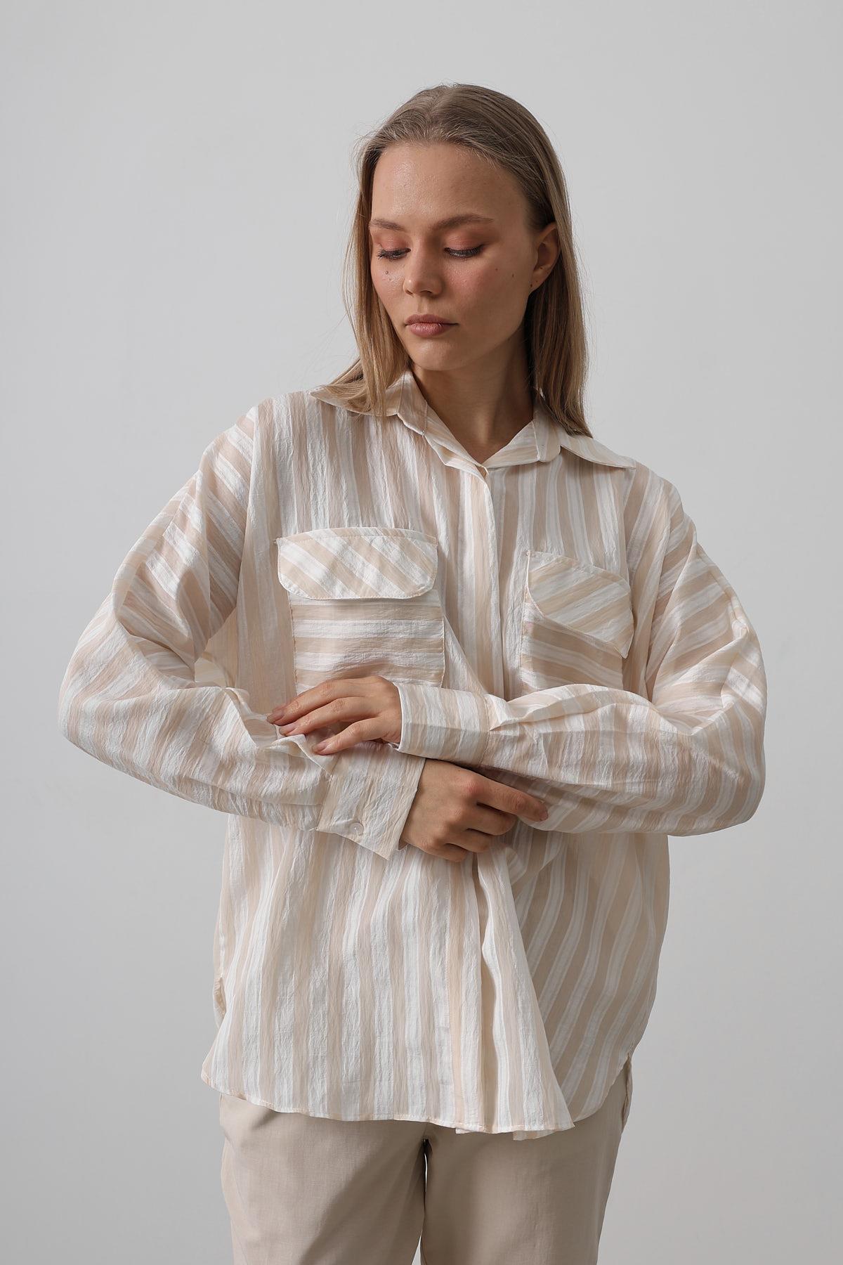 Cep Detaylı Oversize Gömlek - Bej