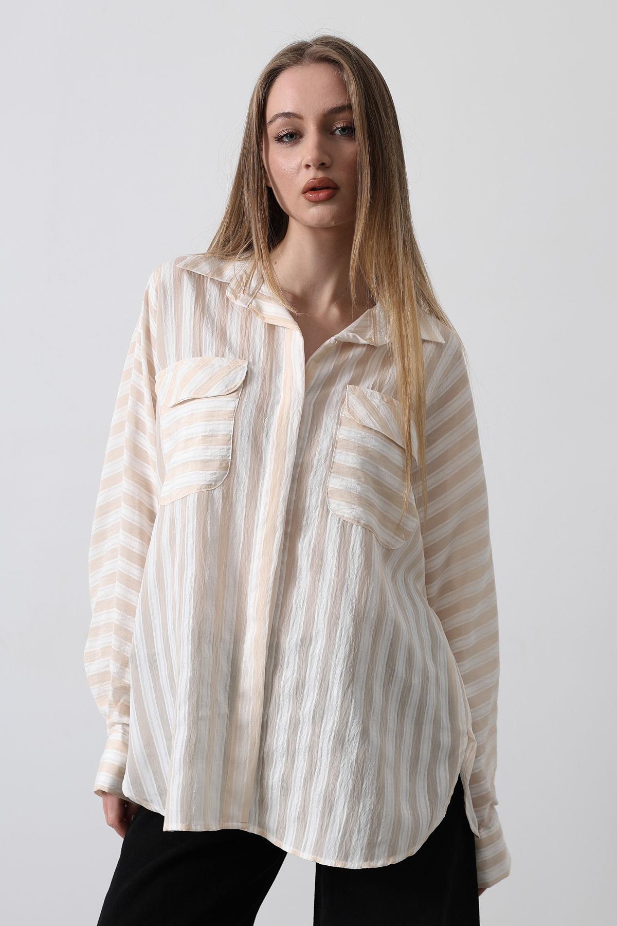 Cep Detaylı Oversize Gömlek - Bej