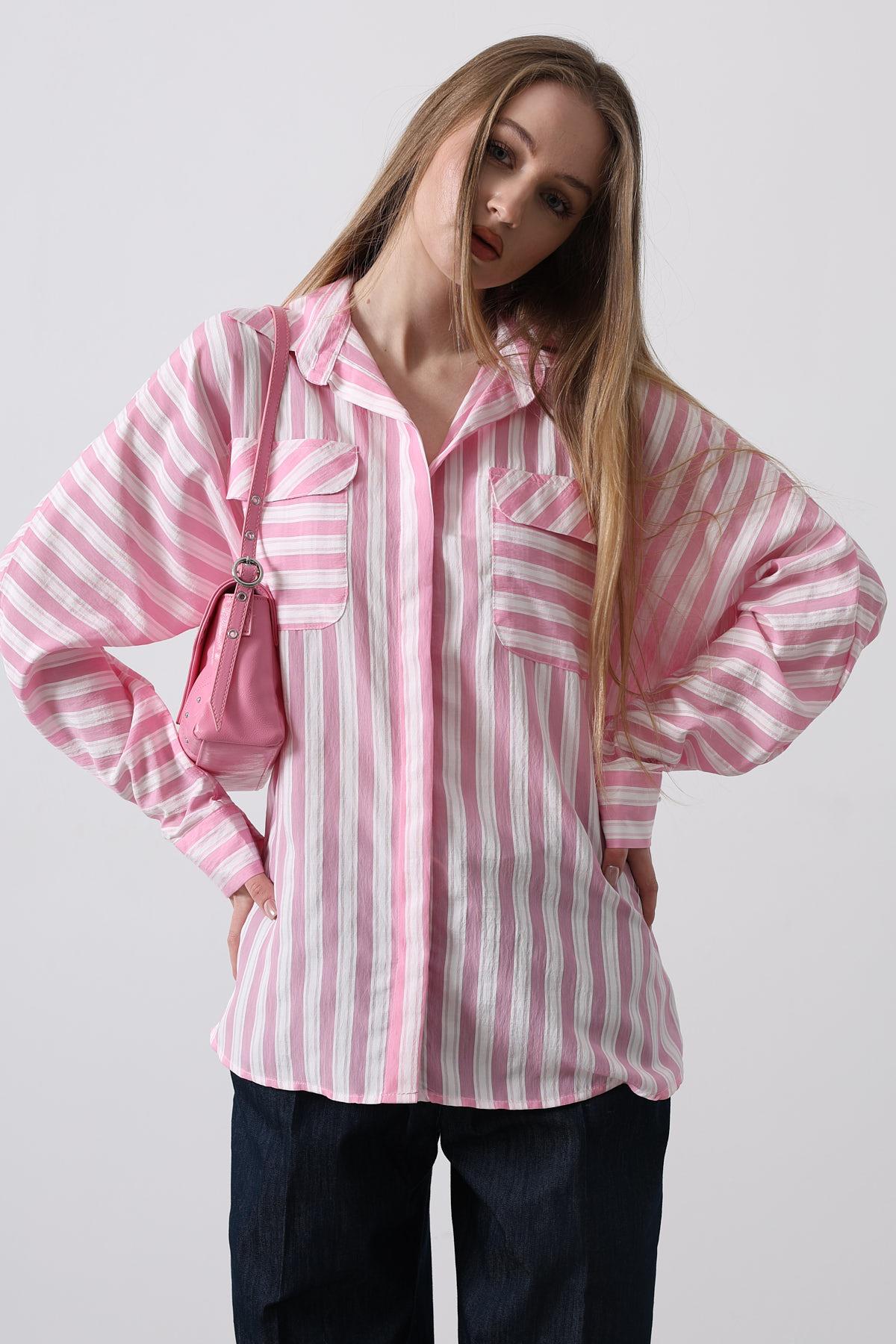 Cep Detaylı Oversize Gömlek - Pembe