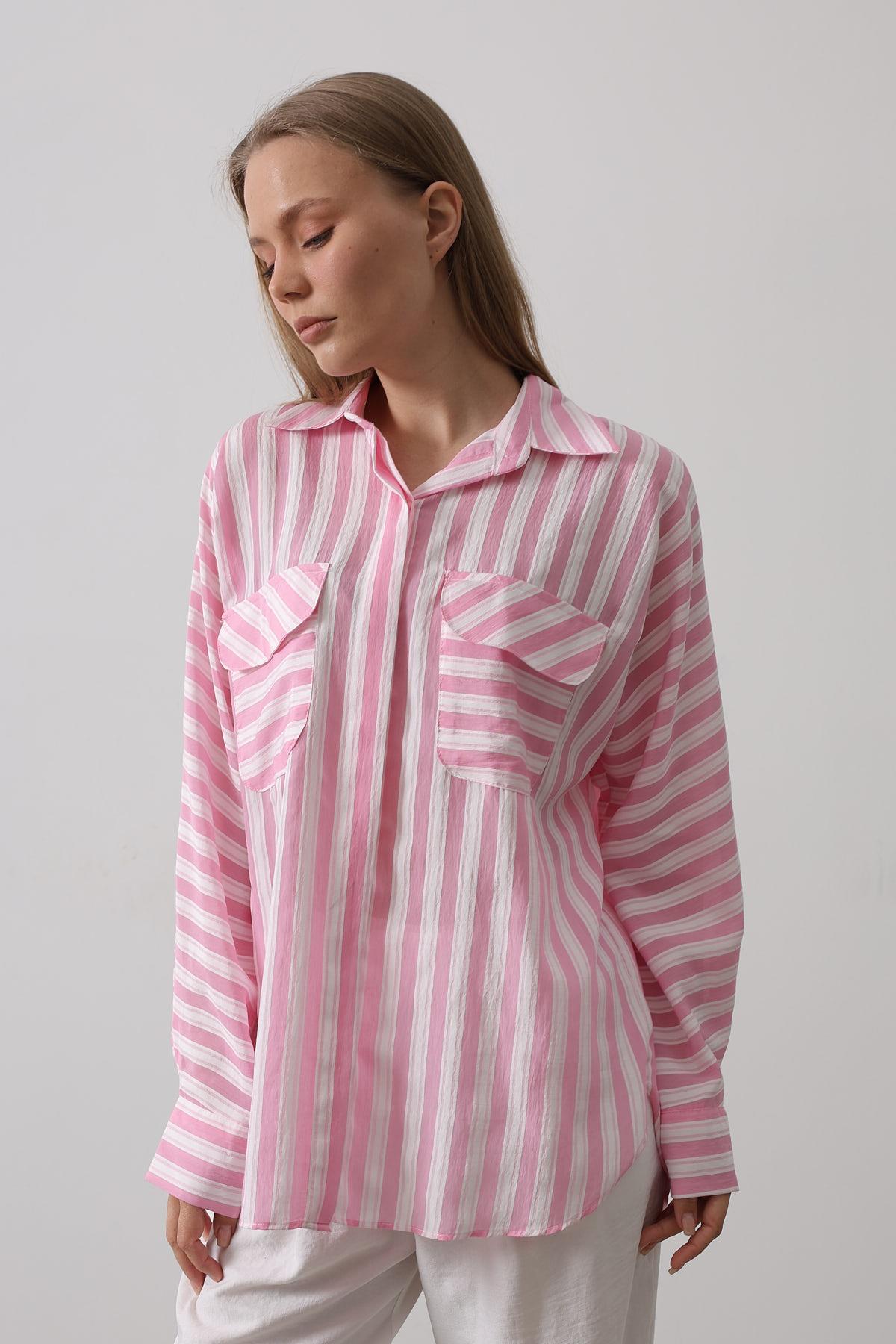 Cep Detaylı Oversize Gömlek - Pembe