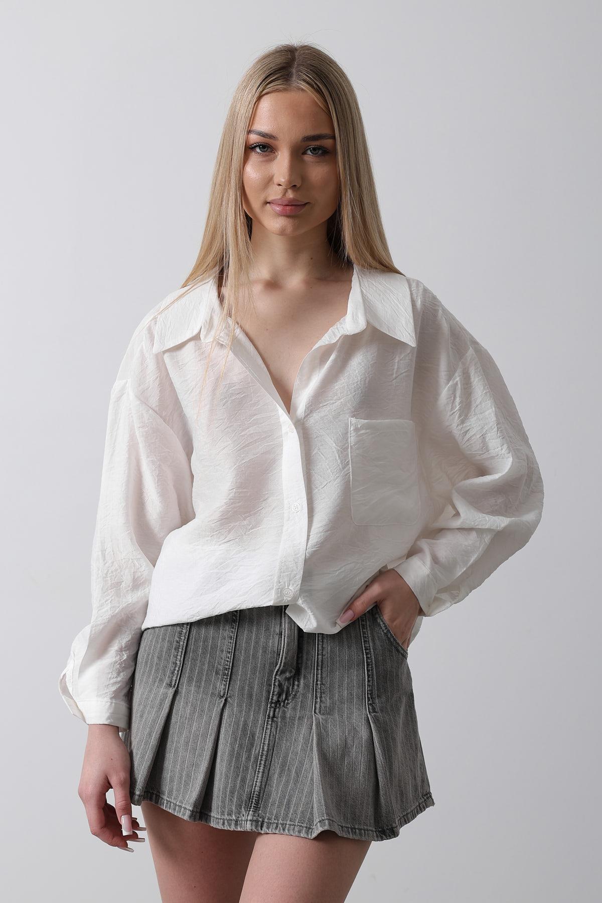 Cepli Oversize Gömlek - Beyaz