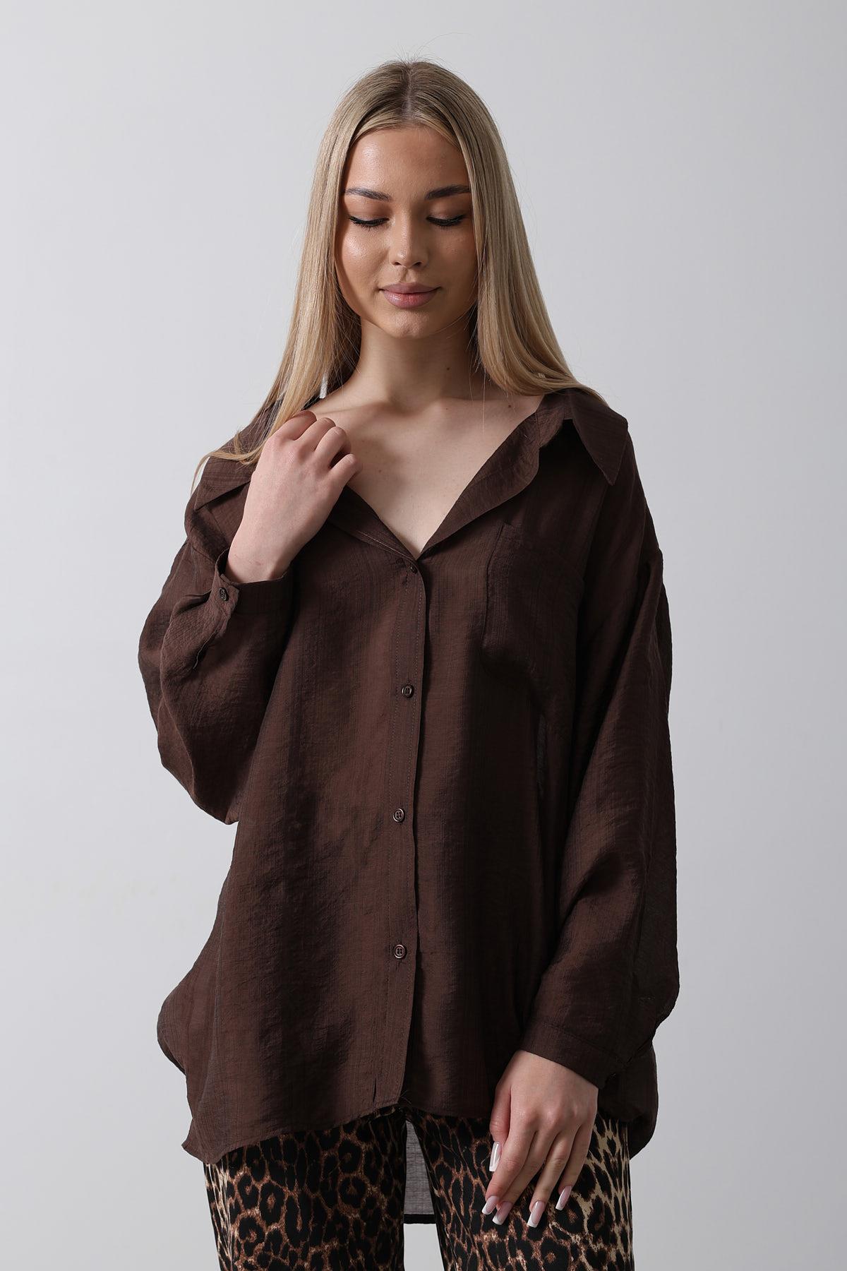 Cepli Oversize Gömlek - Kahve