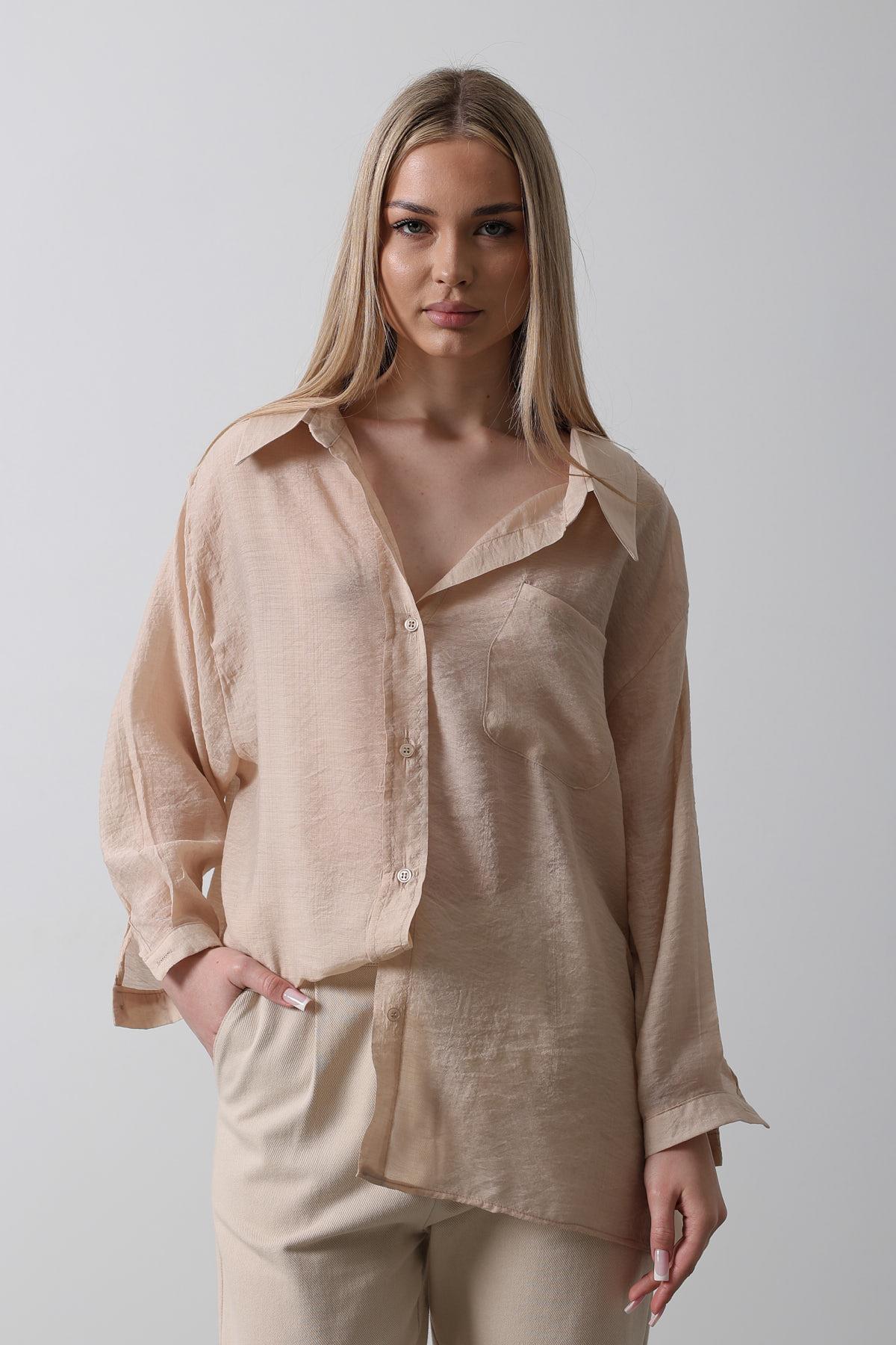 Cepli Oversize Gömlek - Taş