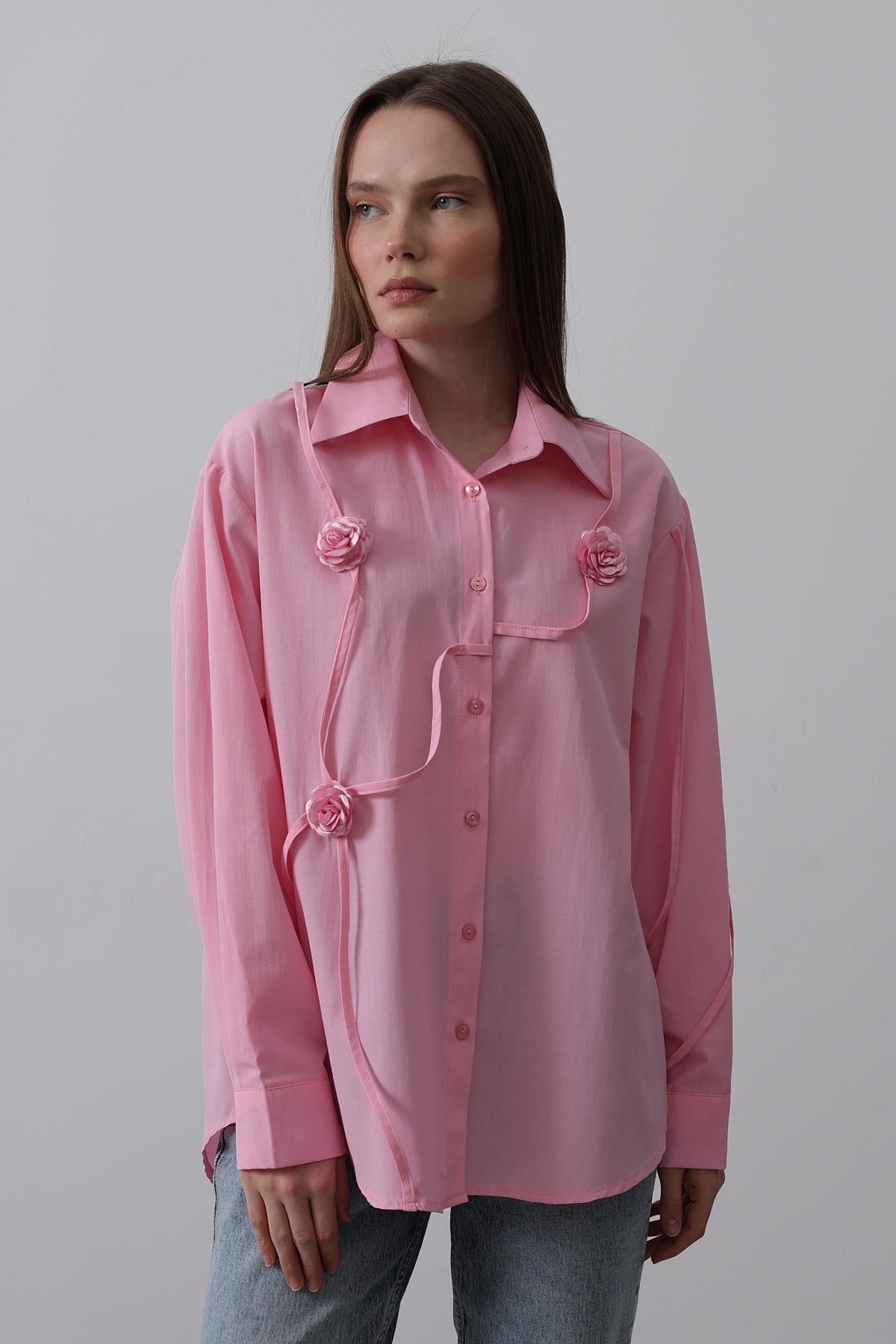 Çiçekli Oversize Gömlek - Pembe