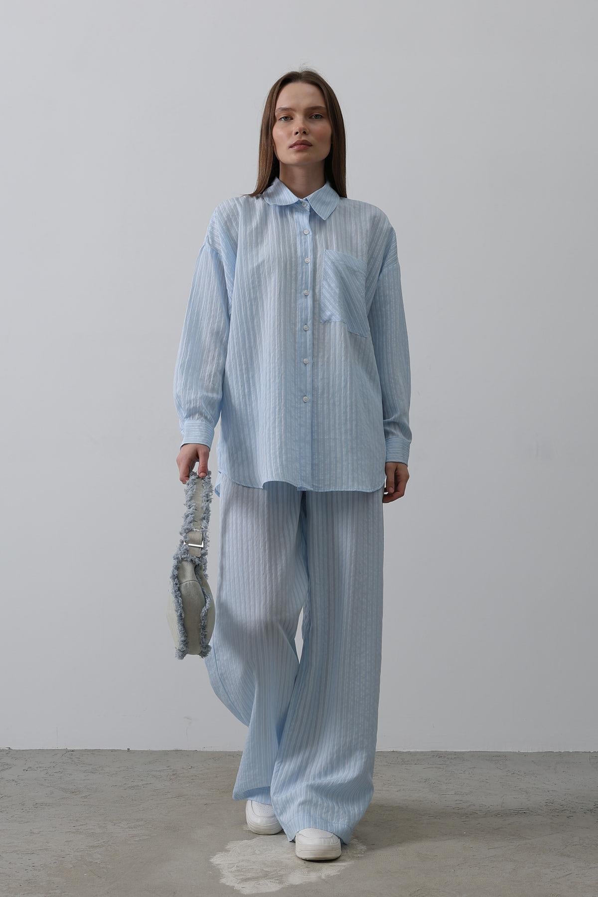 Çizgili Cep Detaylı Oversize Takım - Bebe Mavisi