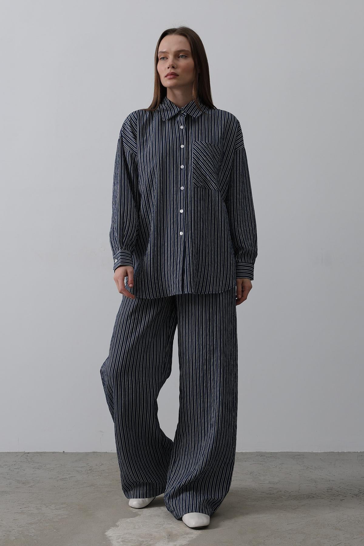 Çizgili Cep Detaylı Oversize Takım - Lacivert