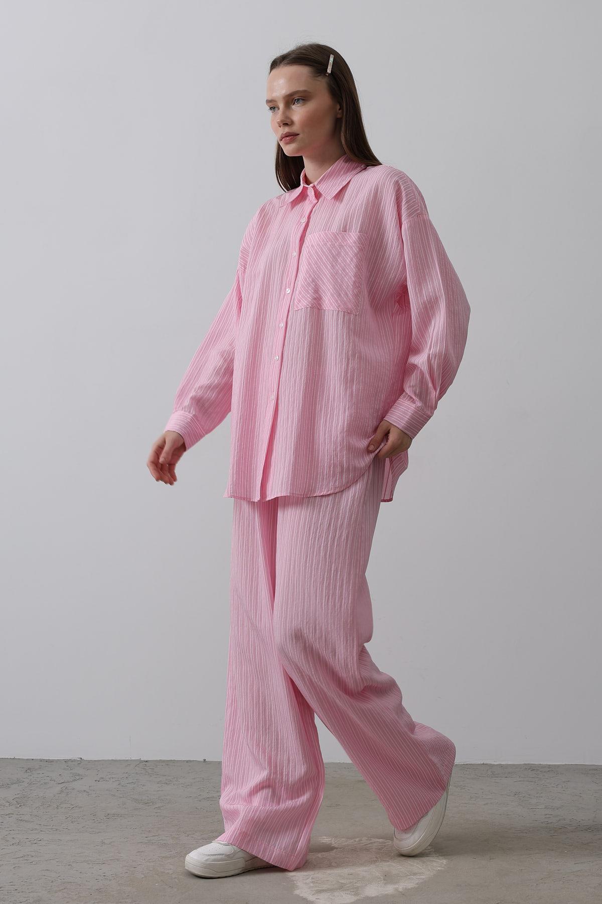 Çizgili Cep Detaylı Oversize Takım - Pembe