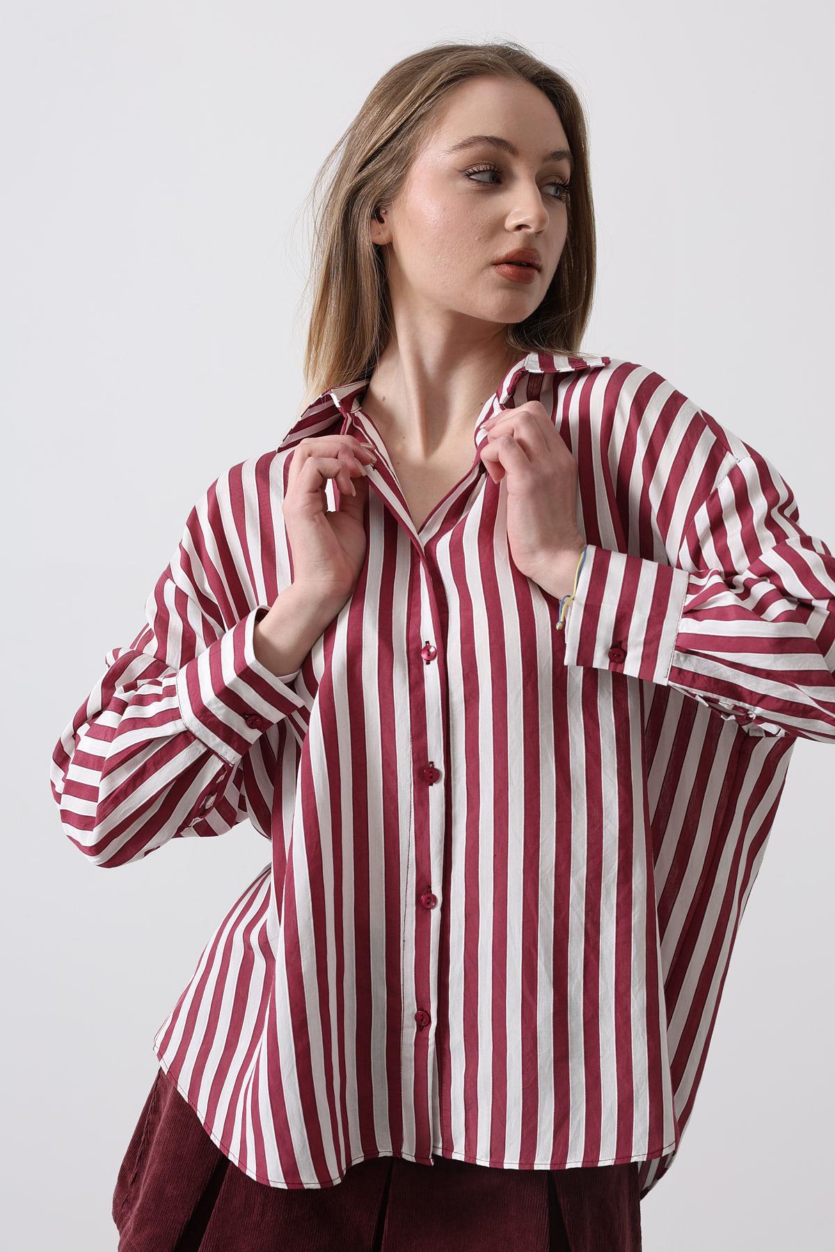 Çizgili Oversize Gömlek - Bordo