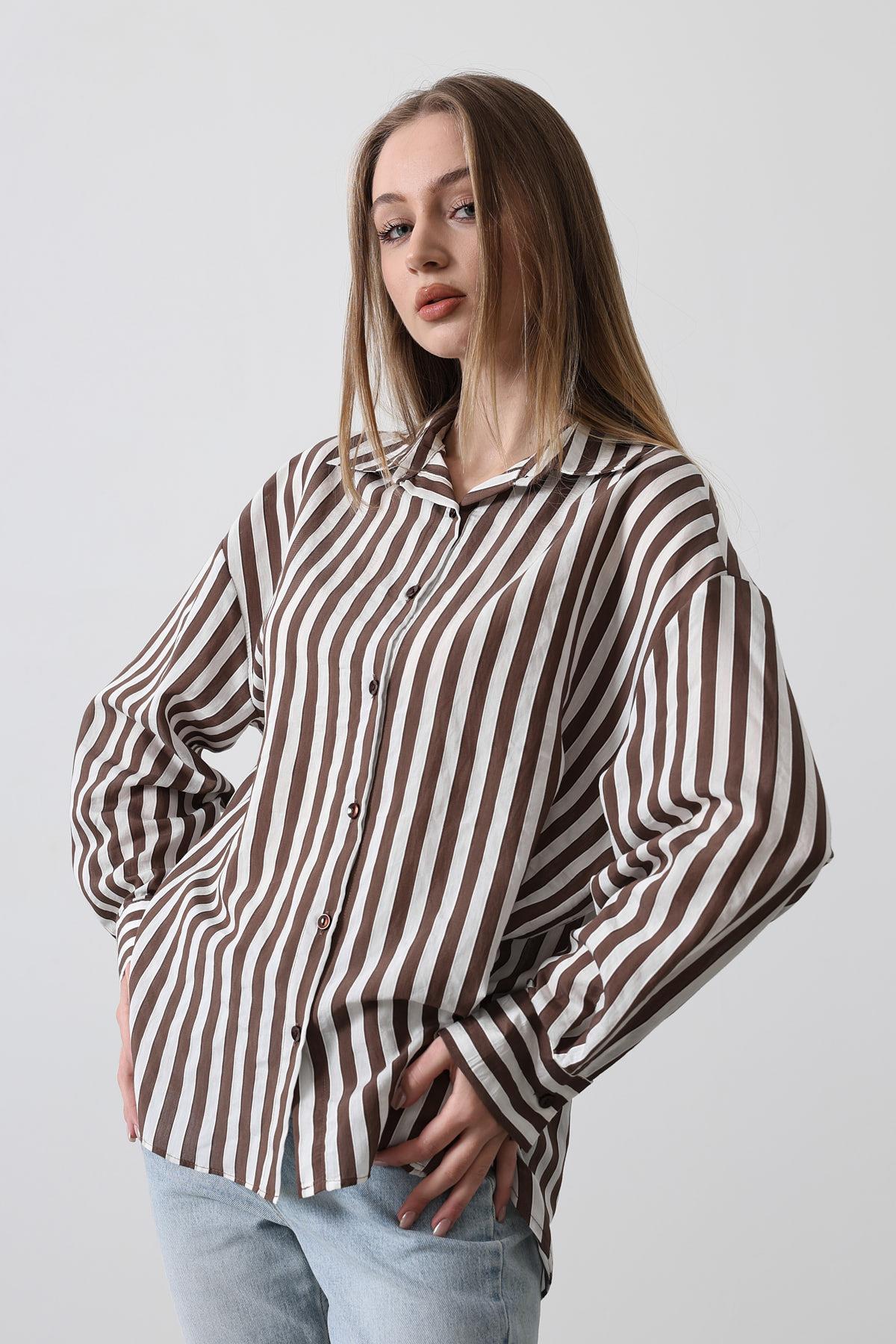 Çizgili Oversize Gömlek - Kahve