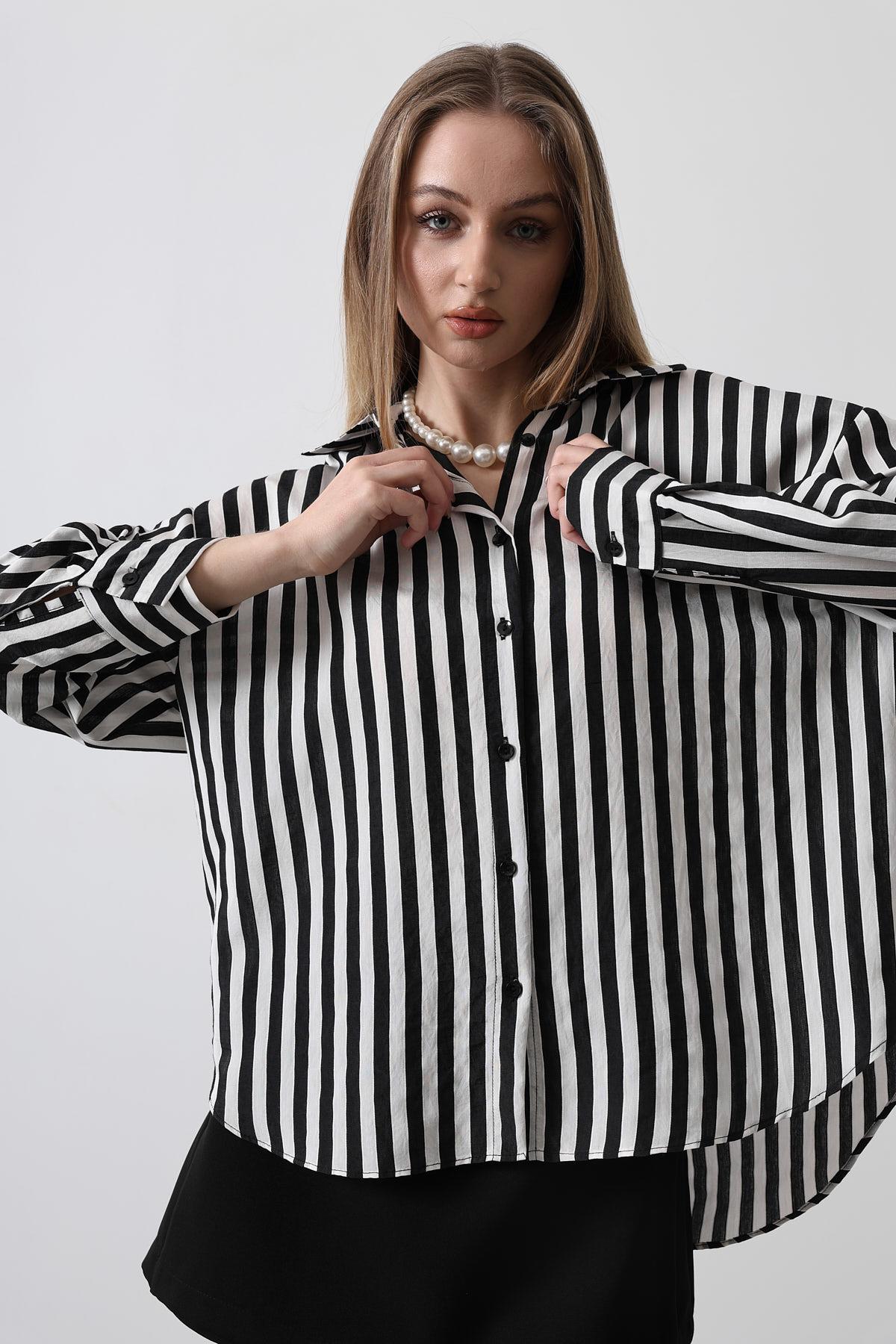 Çizgili Oversize Gömlek - Siyah