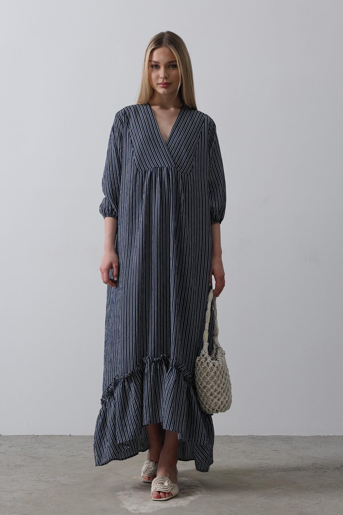 Çizgili Oversize V Yaka Elbise - Lacivert