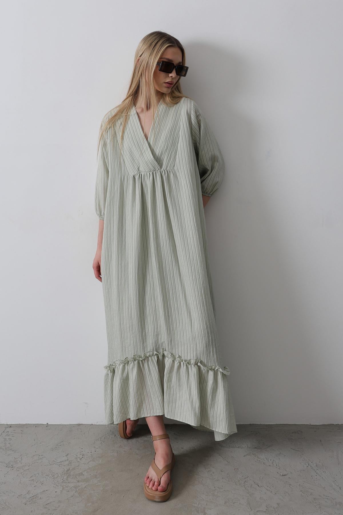Çizgili Oversize V Yaka Elbise - Haki