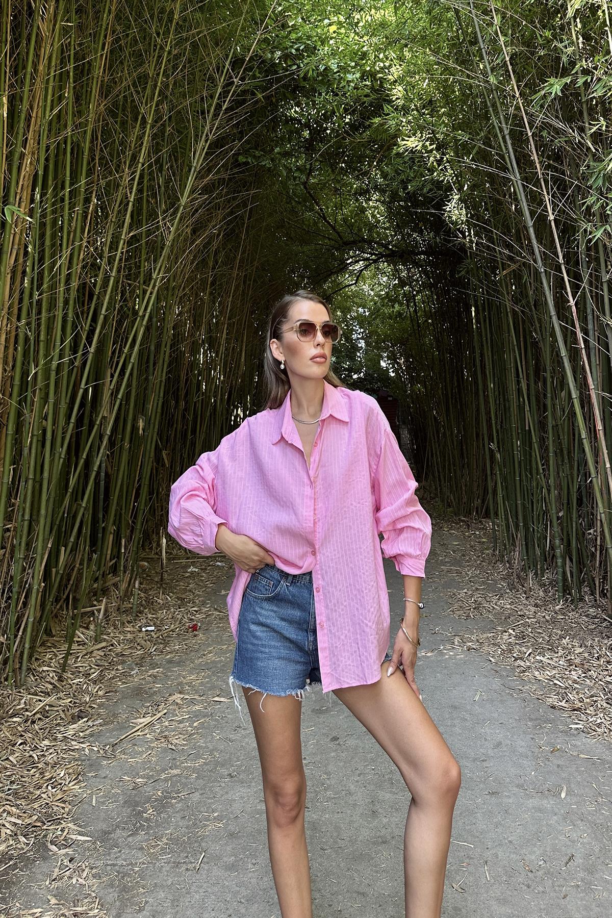 Çizgili Uzun Kol Gömlek - Pembe