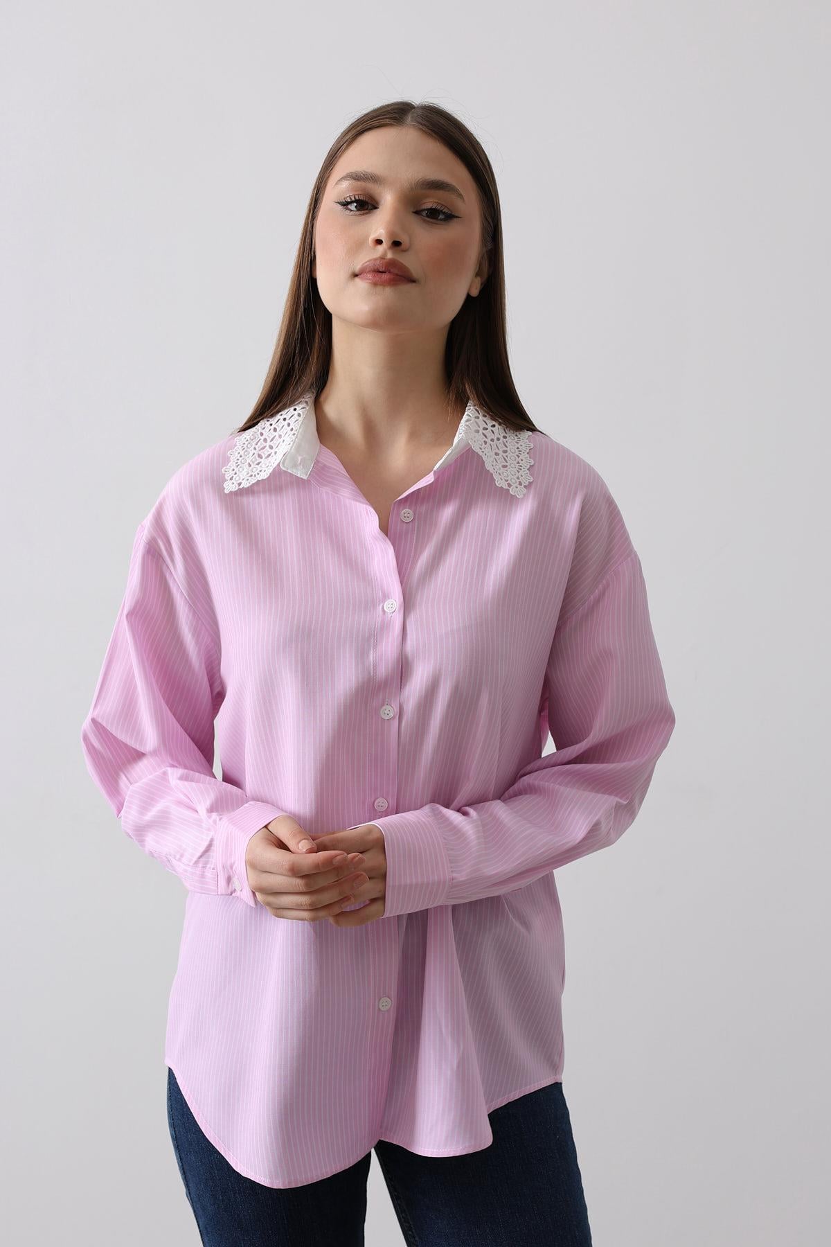 Dantel Yakalı Gömlek - Pembe