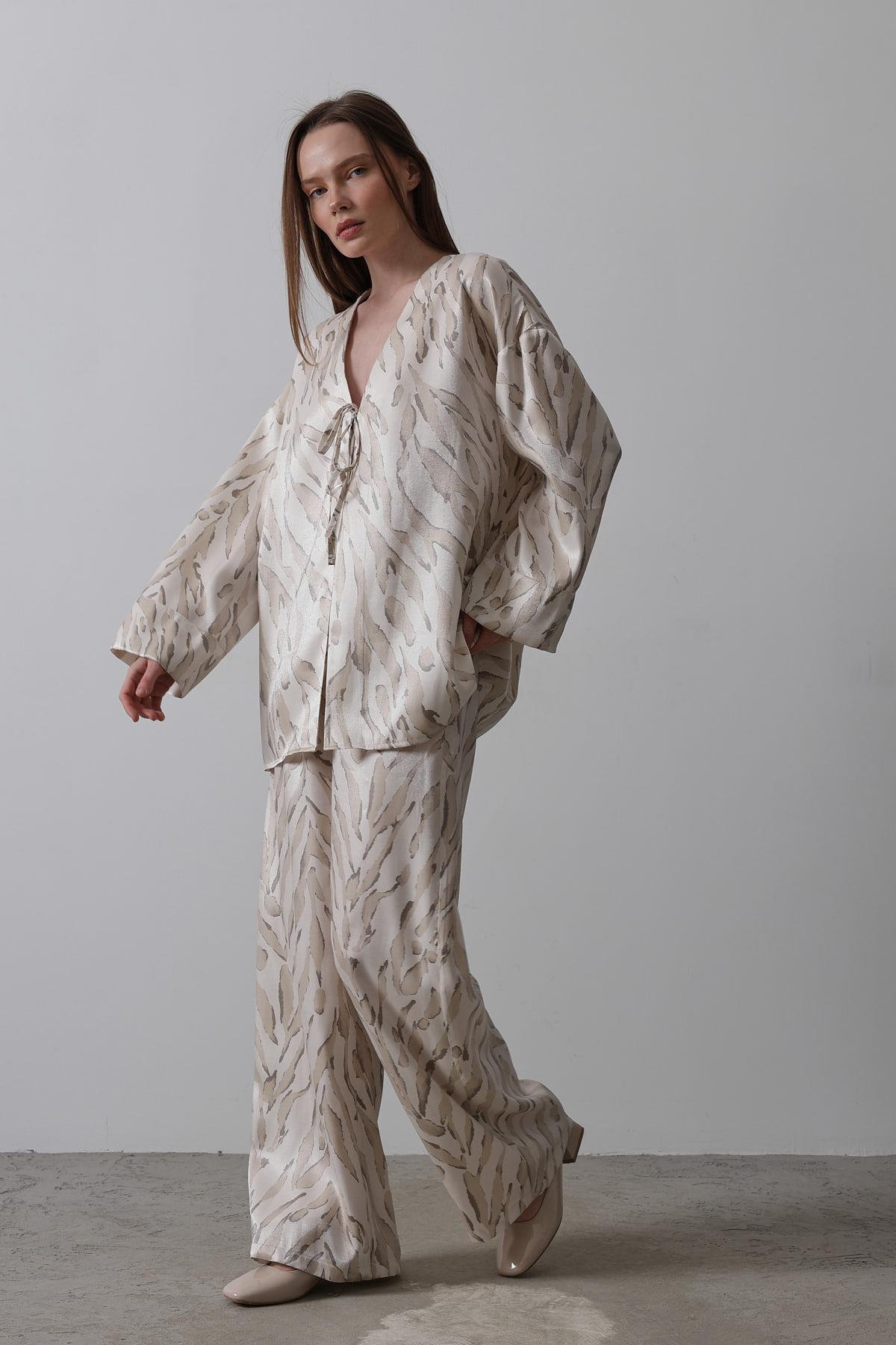 Desenli Saten Kimono Takım - Taş