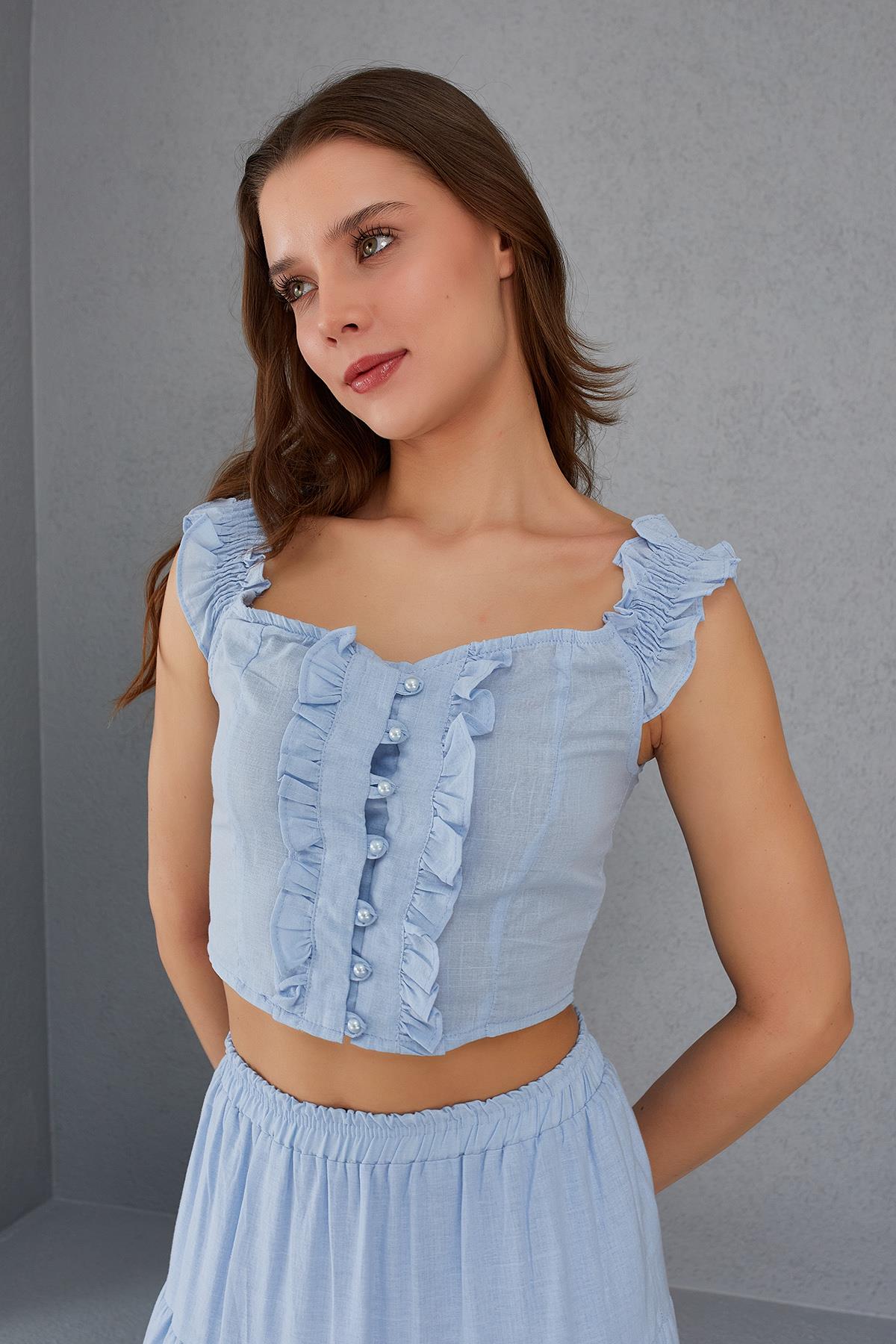 Düğmeli Crop Bluz - BEBE MAVİSİ