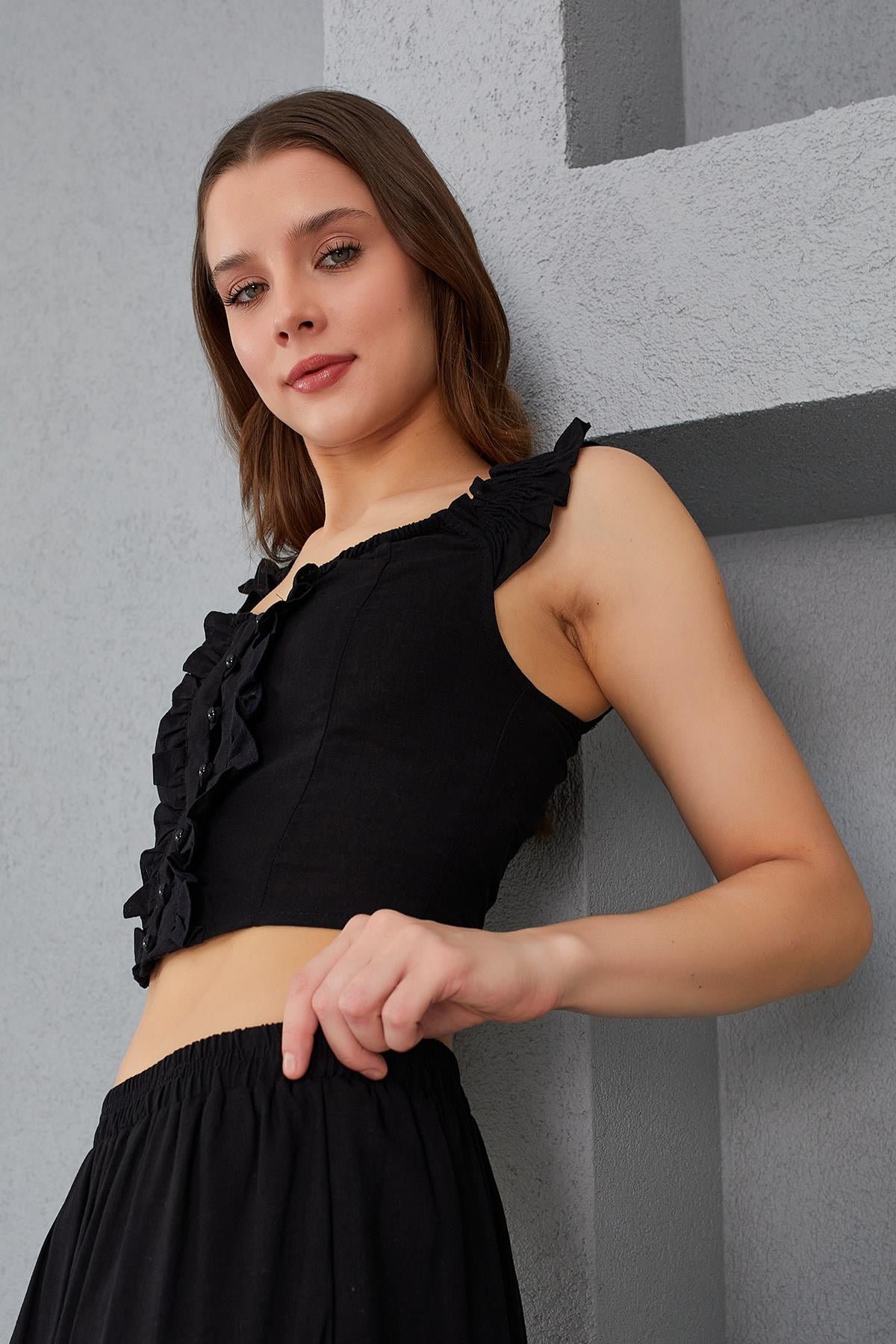 Düğmeli Crop Bluz - SİYAH