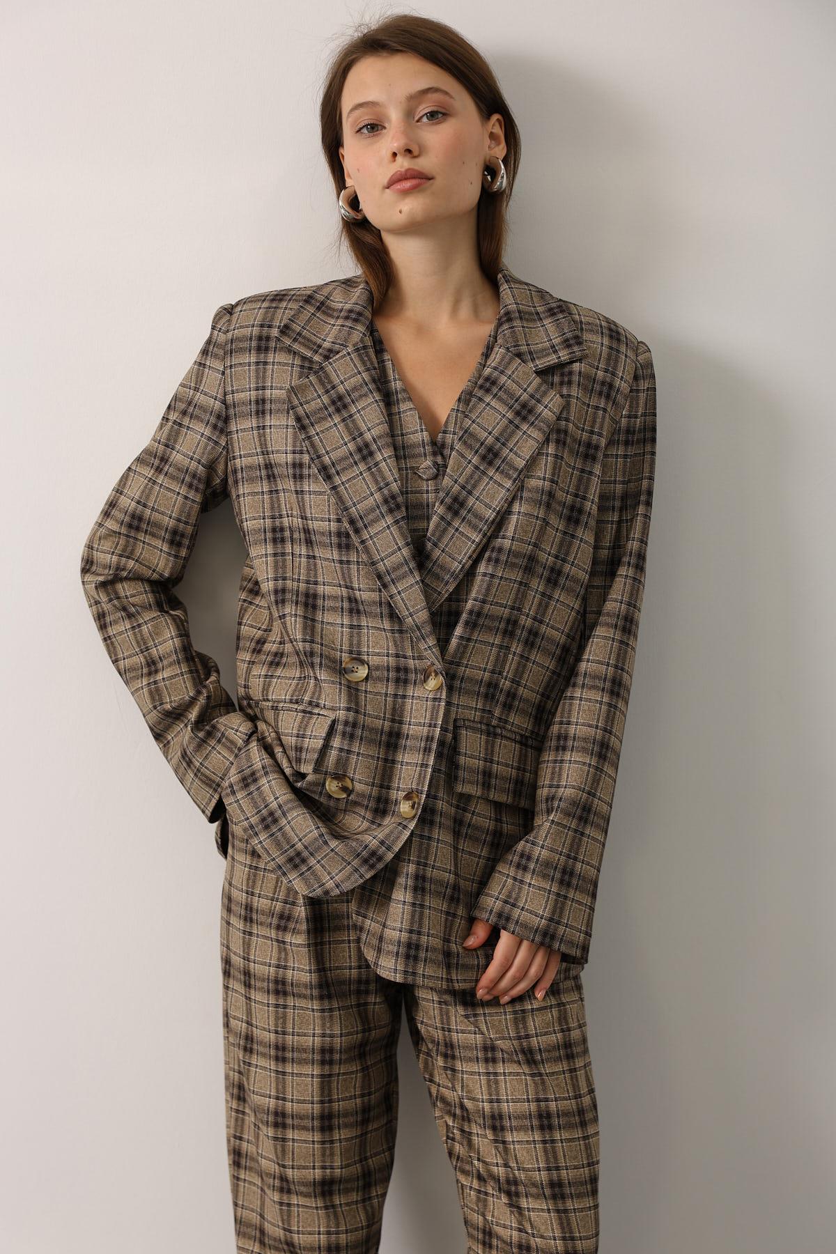 EKOSE DESEN OVERSİZE BLAZER CEKET - Kahve-Bej