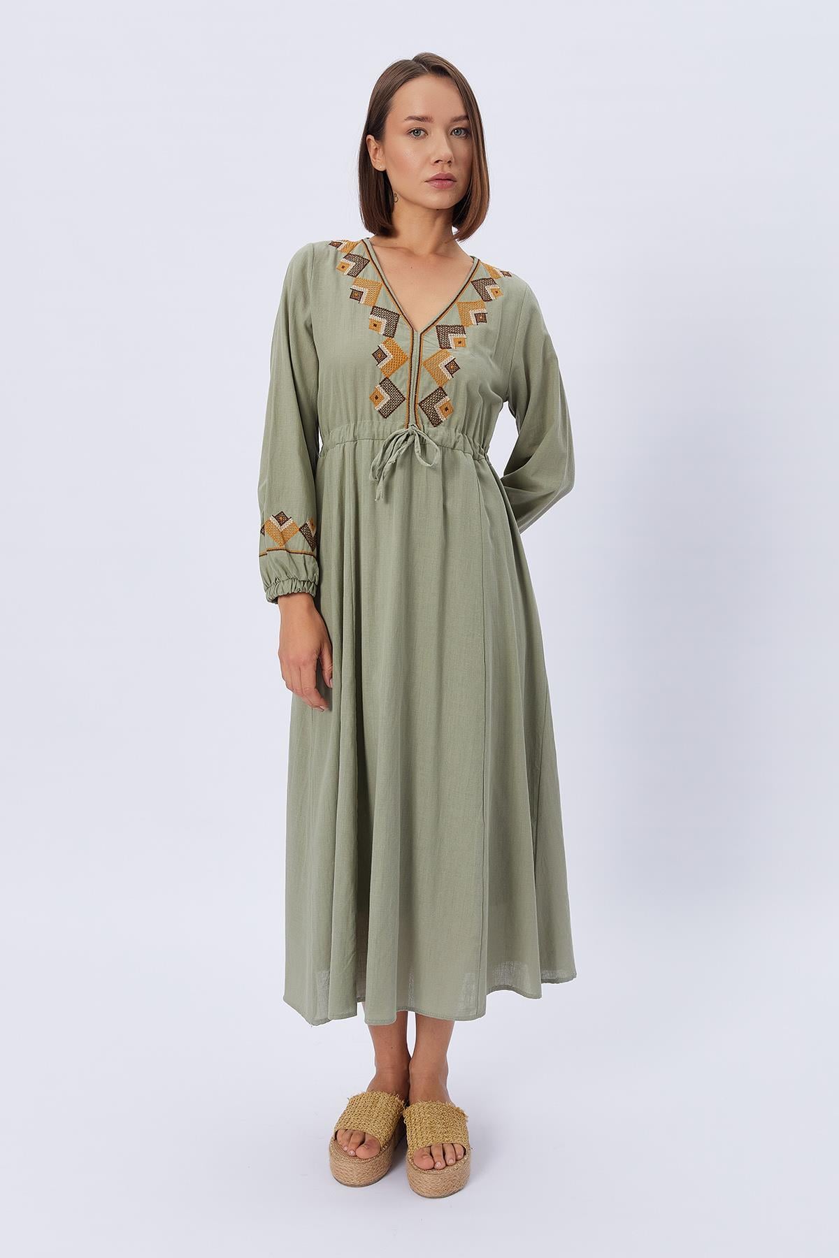 Etnik Desen Elbise - HAKİ