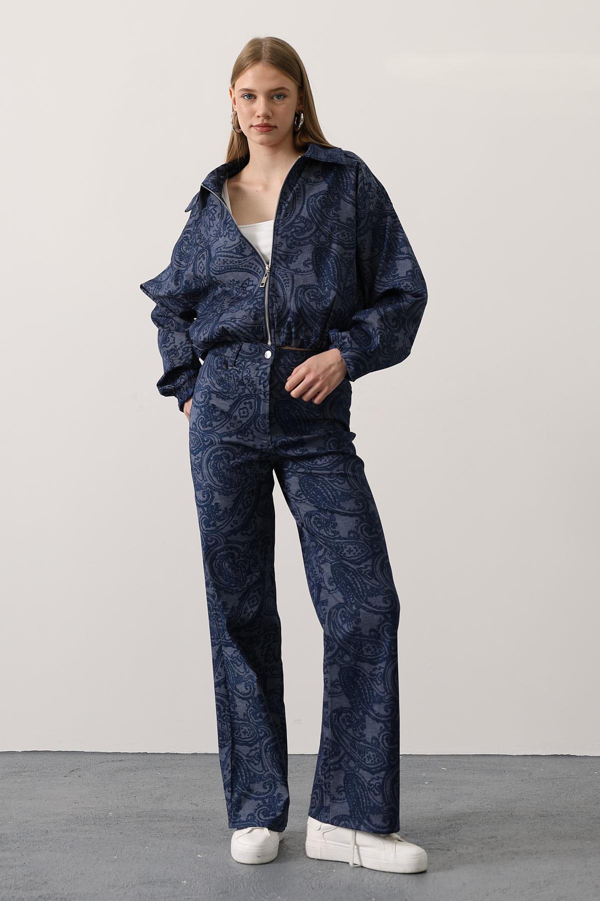 etnik desenli denim takım - Lacivert