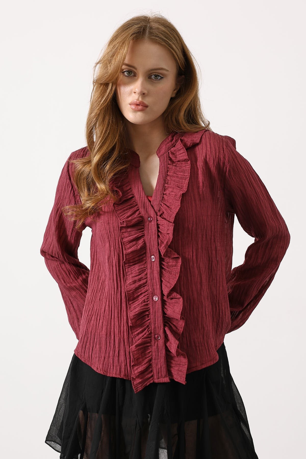 Fırfır Transparan Gömlek - Vişne