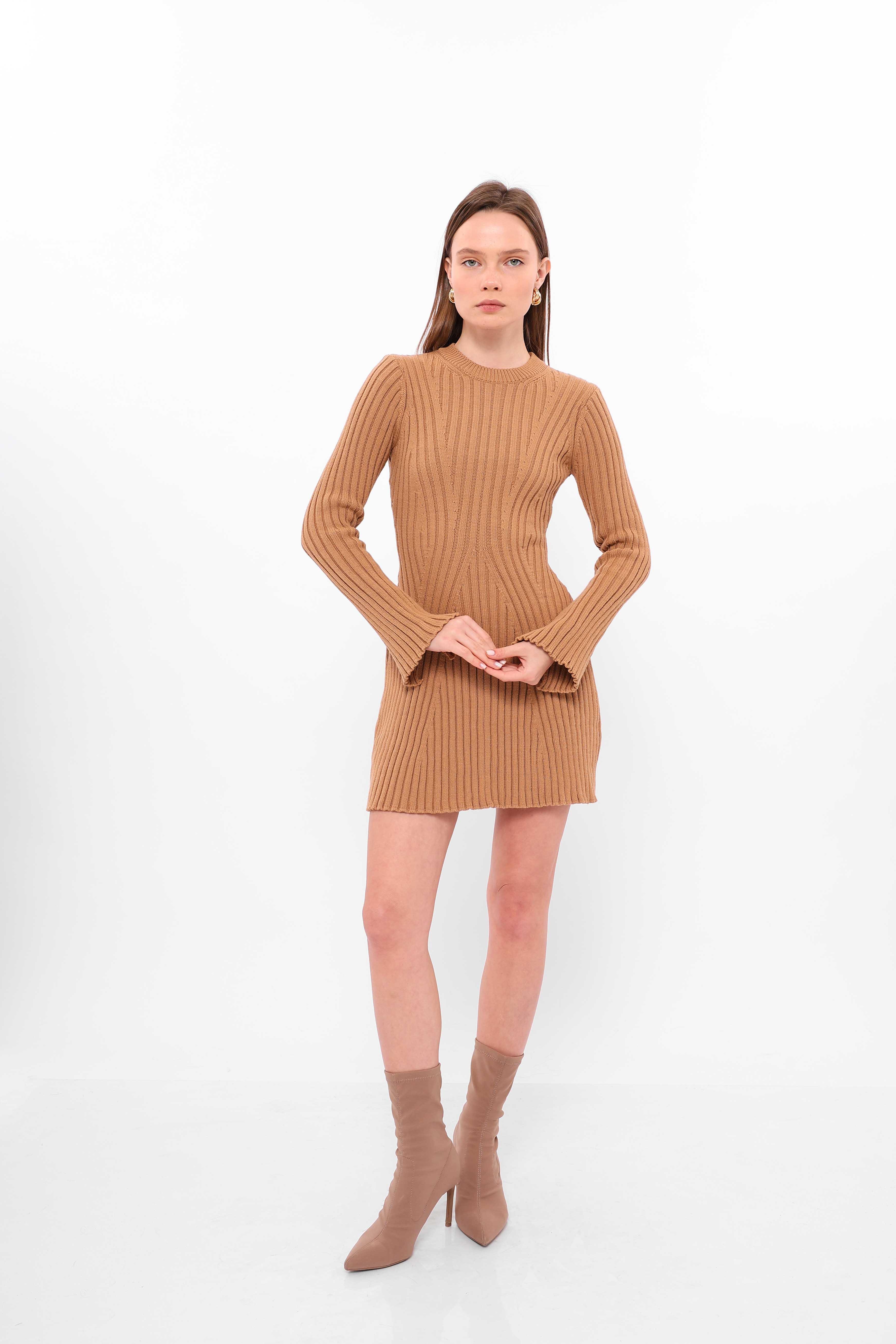 Fitilli Triko Elbise Camel