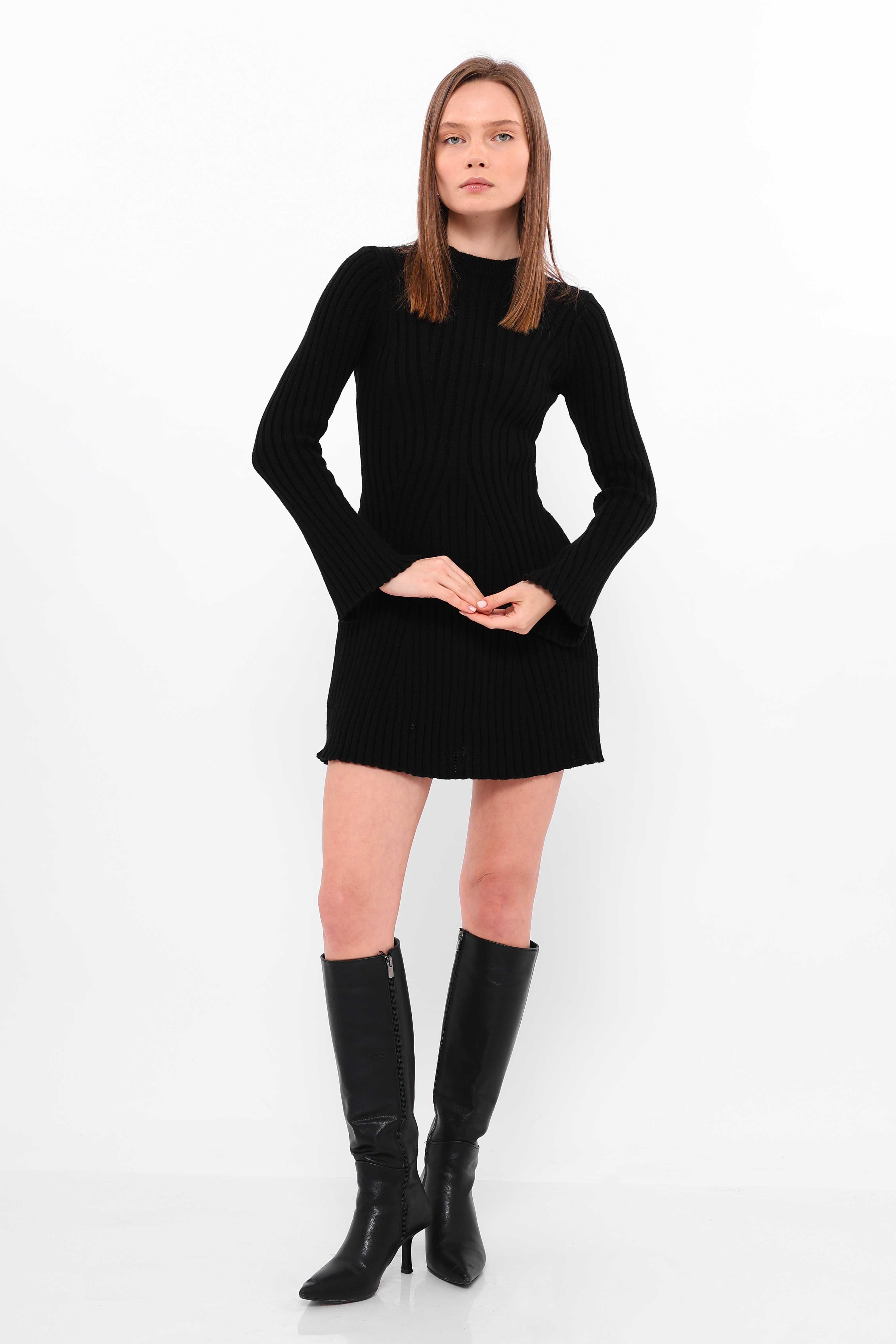 Fitilli Triko Elbise Siyah