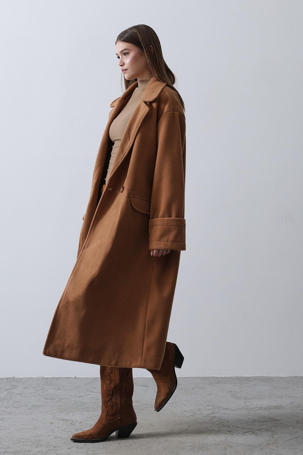 Geniş Kollu Oversize Kaban - Camel