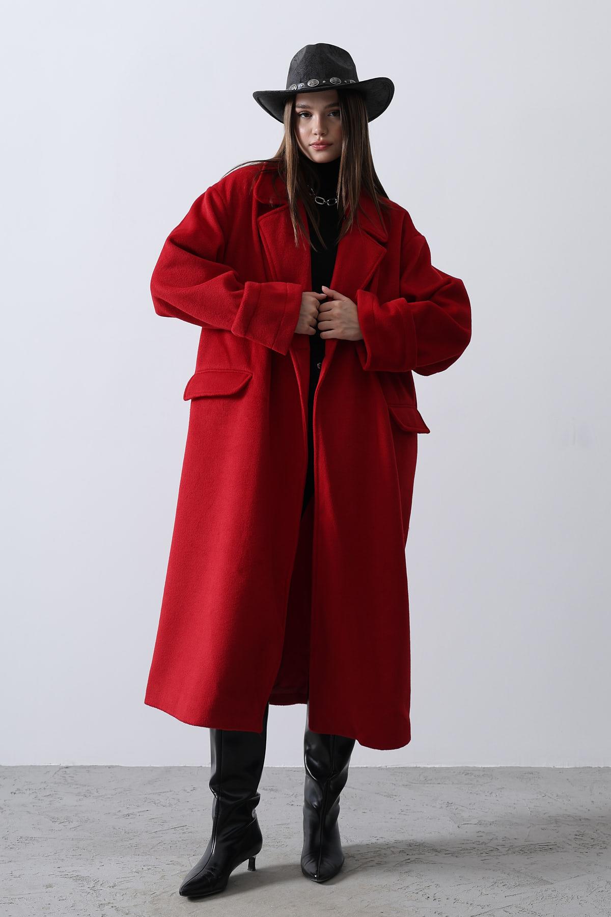 Geniş Kollu Oversize Kaban - Kırmızı