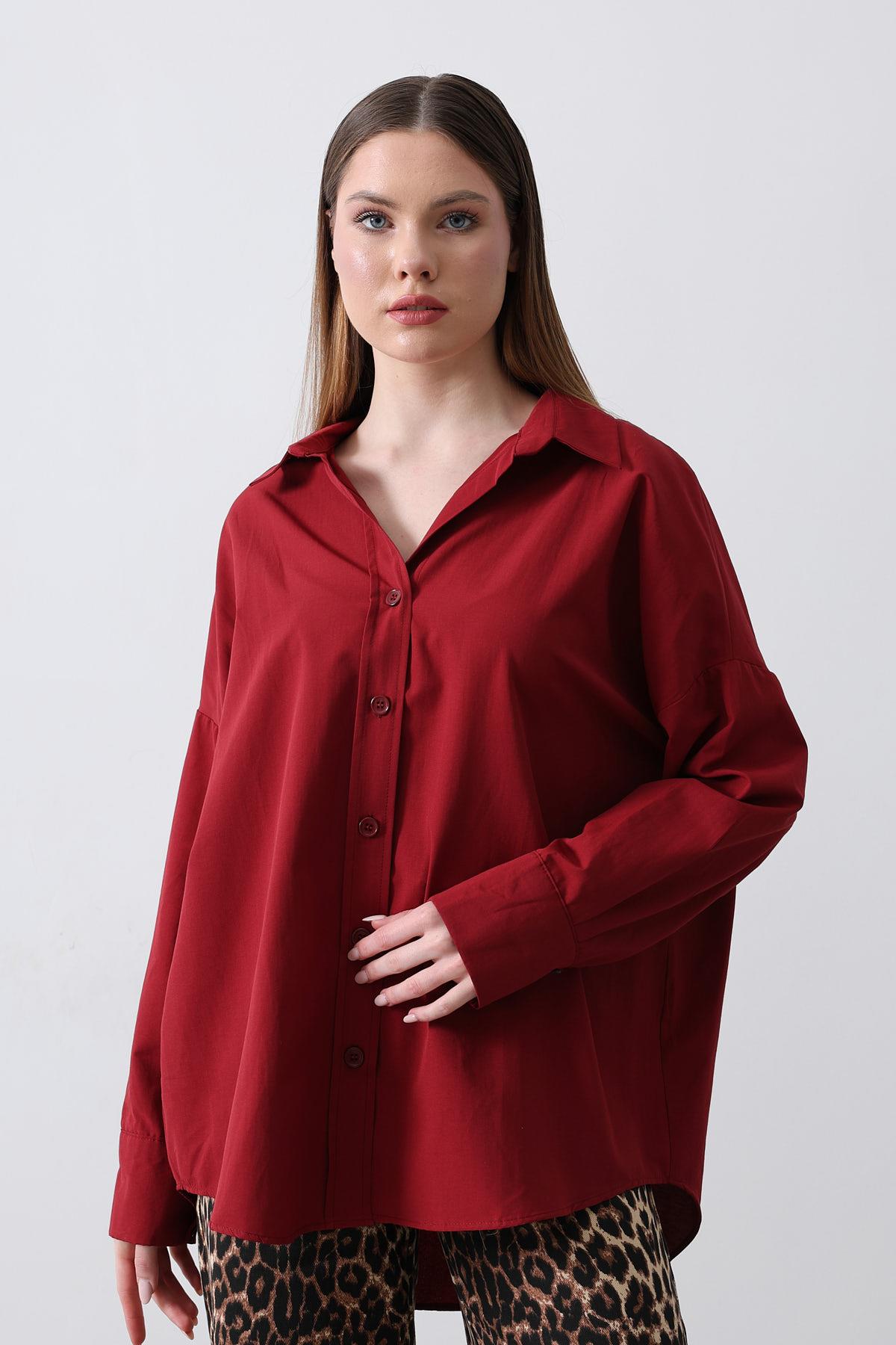 Geniş Manşet Detaylı Gömlek - Bordo