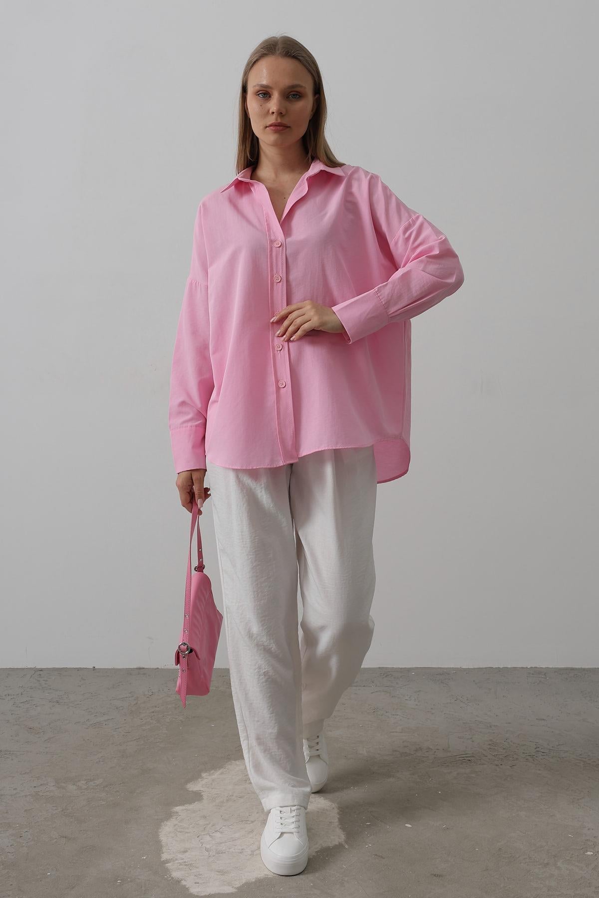 Geniş Manşet Detaylı Gömlek - Pembe