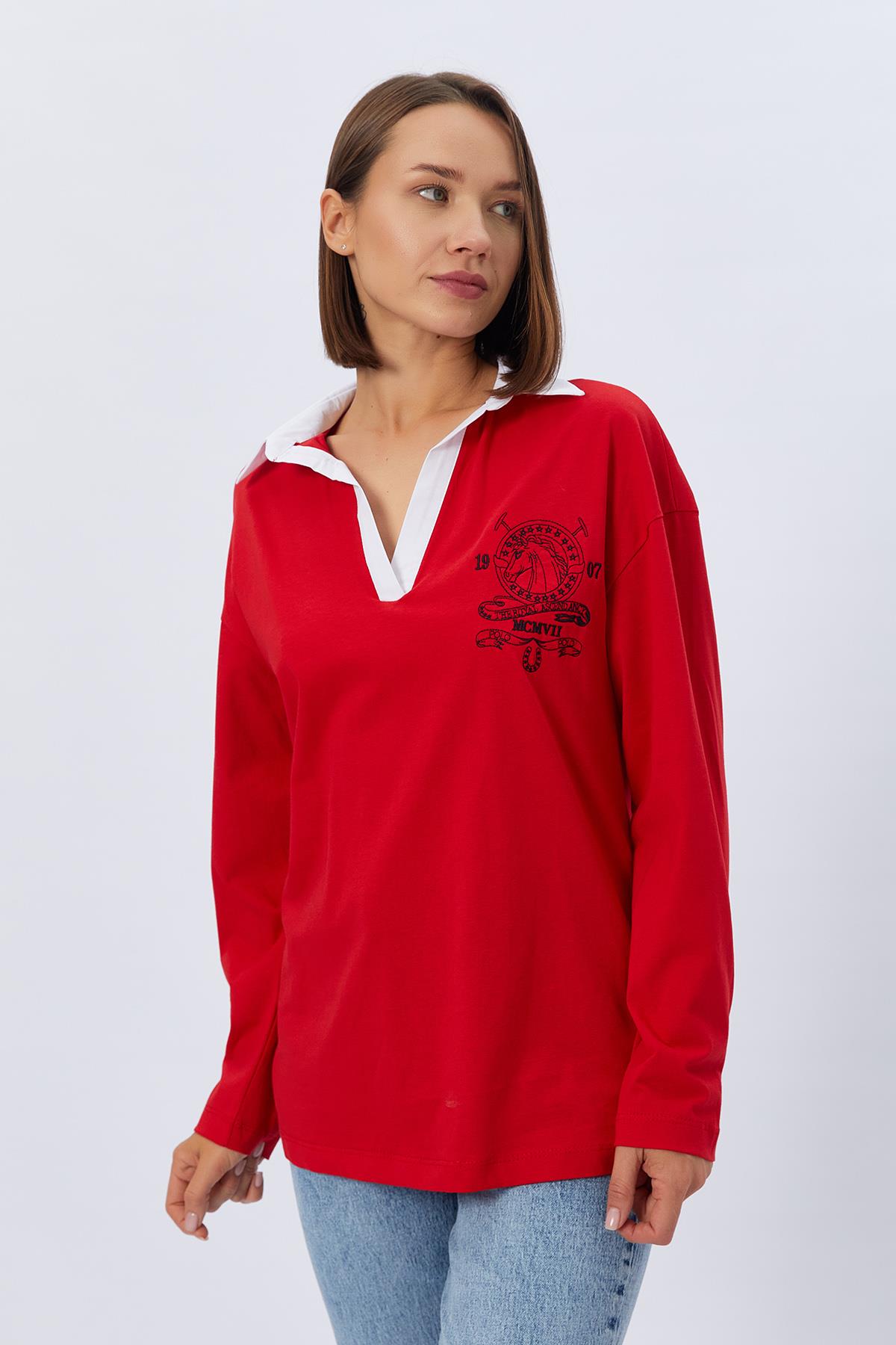 Gömlek Yaka Uzun Kol Tshirt - KIRMIZI