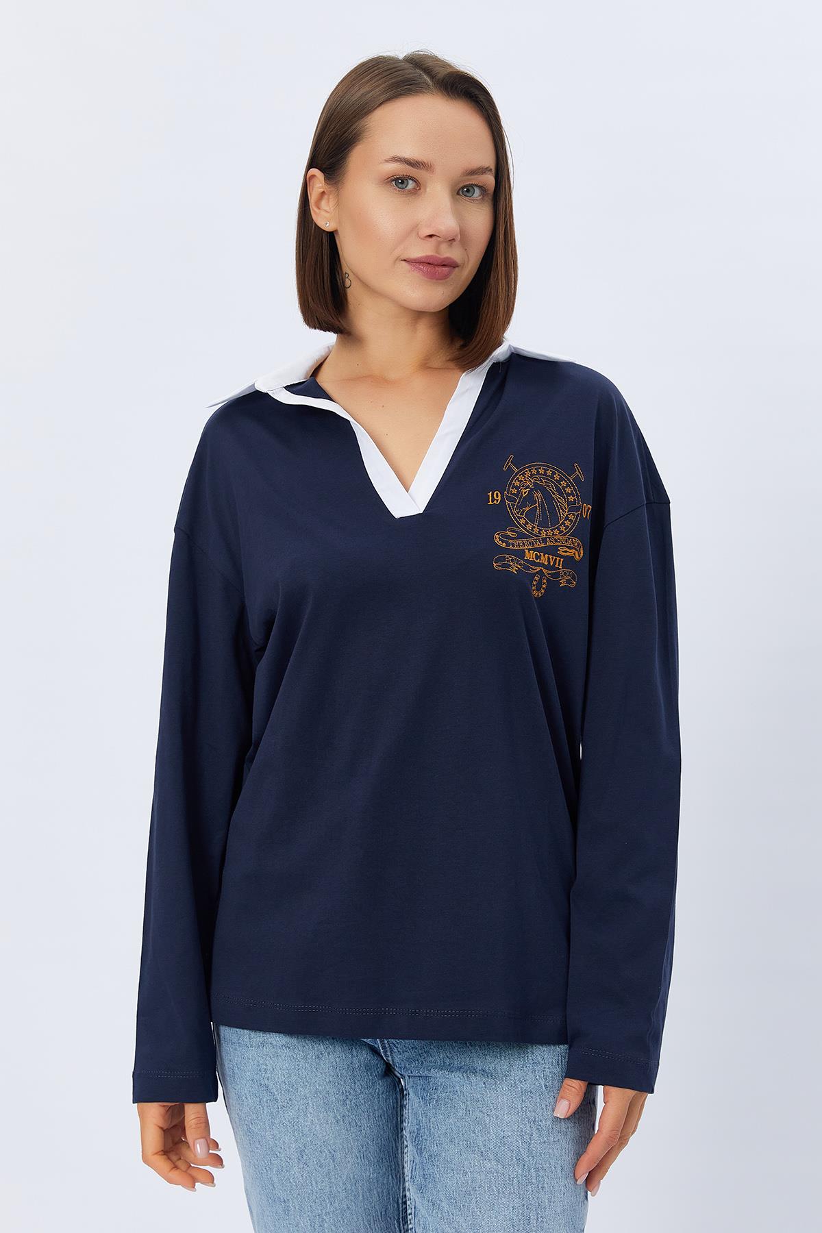 Gömlek Yaka Uzun Kol Tshirt - LACİVERT