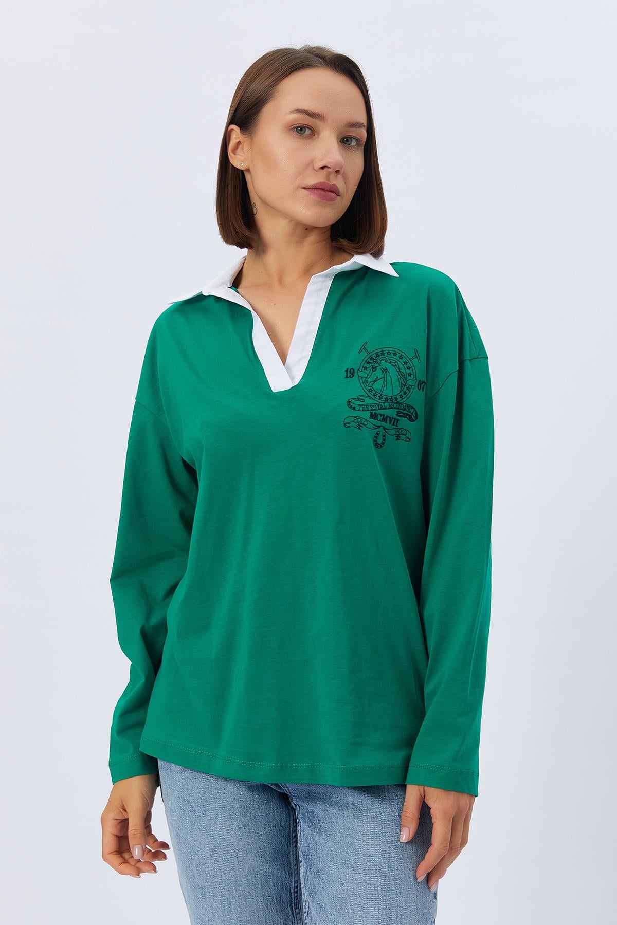 Gömlek Yaka Uzun Kol Tshirt - YEŞİL