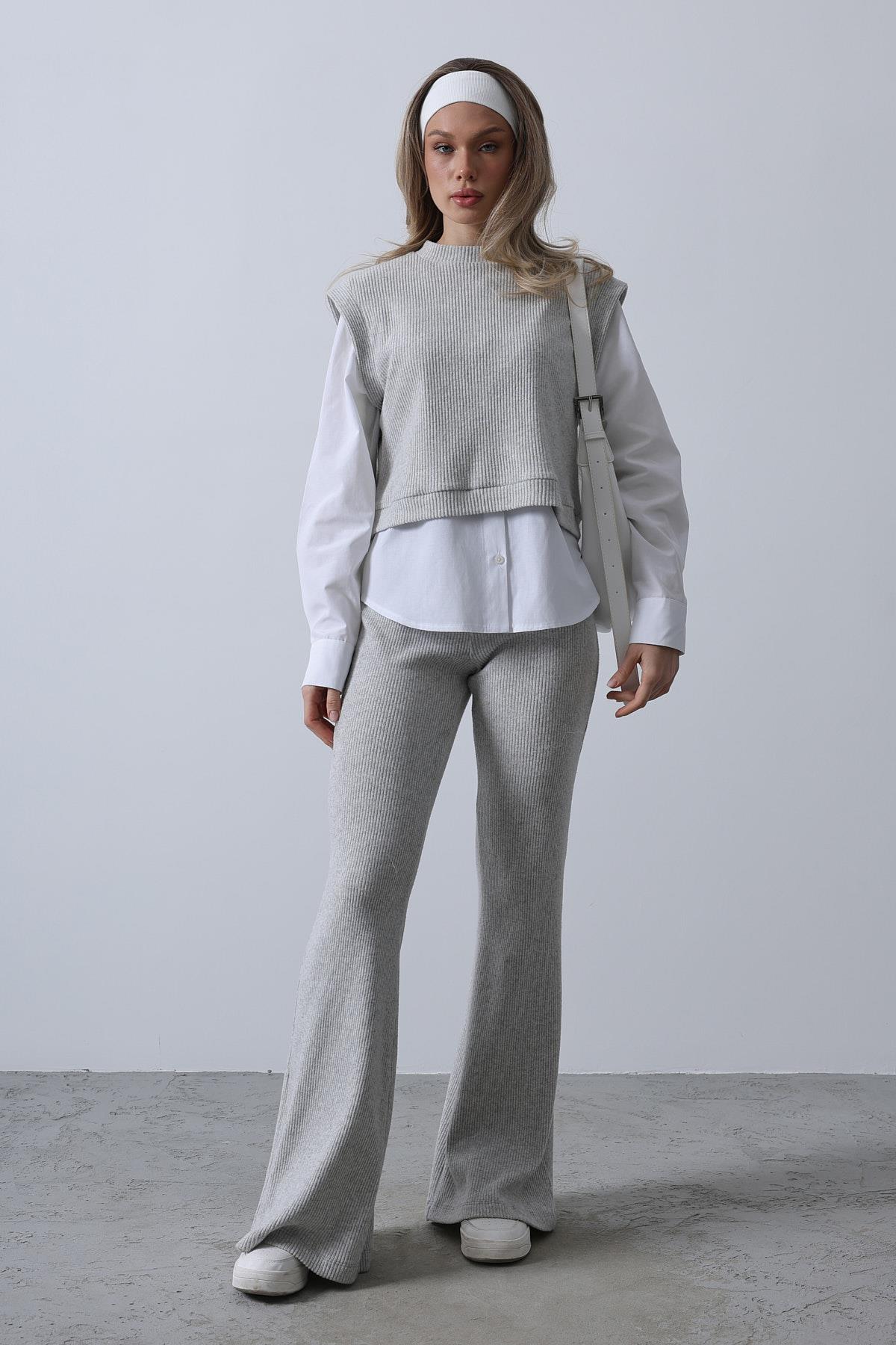 Gömlekli Örme Takım - Gri