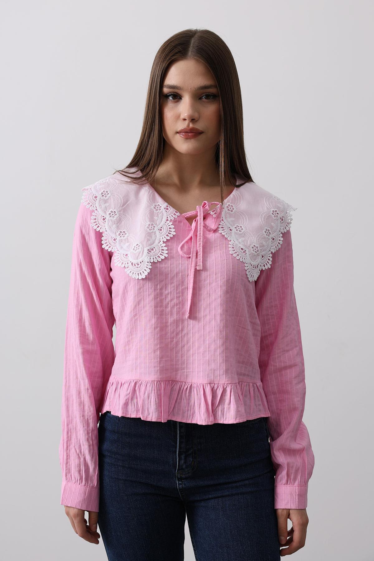 İşlemeli Bebe Yakalı Bluz - Pembe