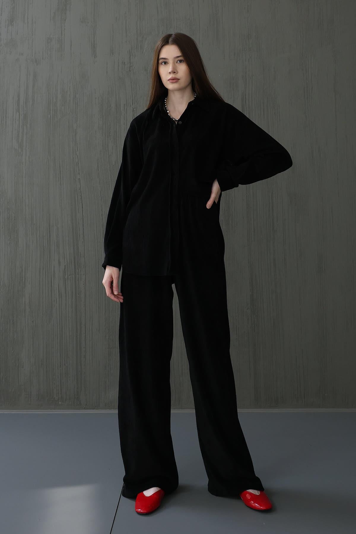 Kadife Gömlek Takım - Siyah