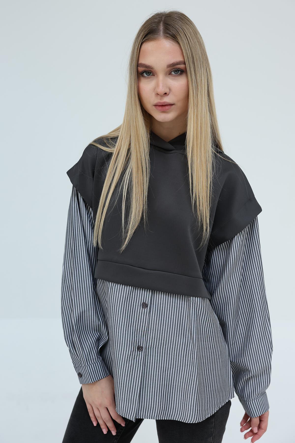 Kapüşonlu Gömlek Sweat - Antrasit