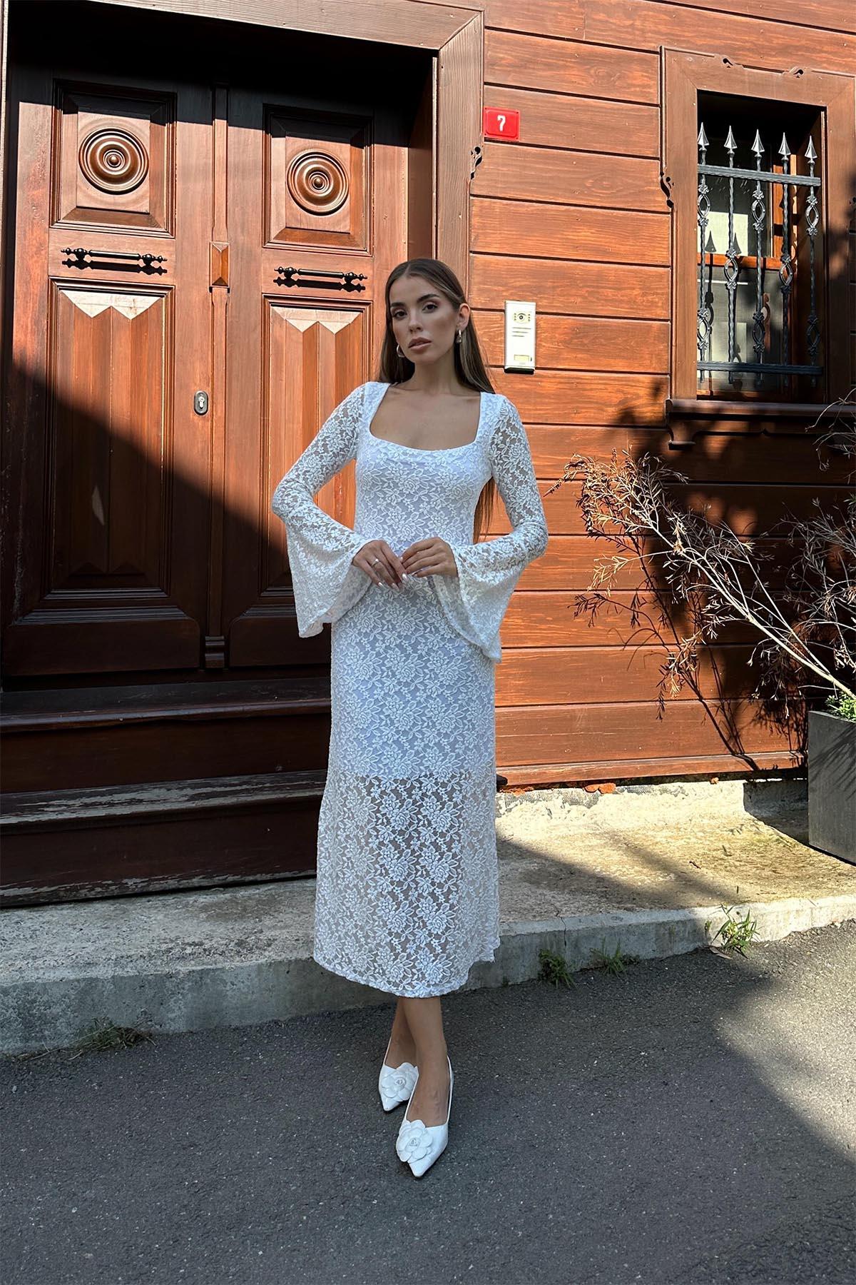 Kare Yaka Elbise - BEYAZ
